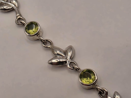 Genuine Peridot Leaf Bracelet Solid 925 Sterling Silver 7 Inch Botanical Vine August Birthstone Jewelry Gift for Her