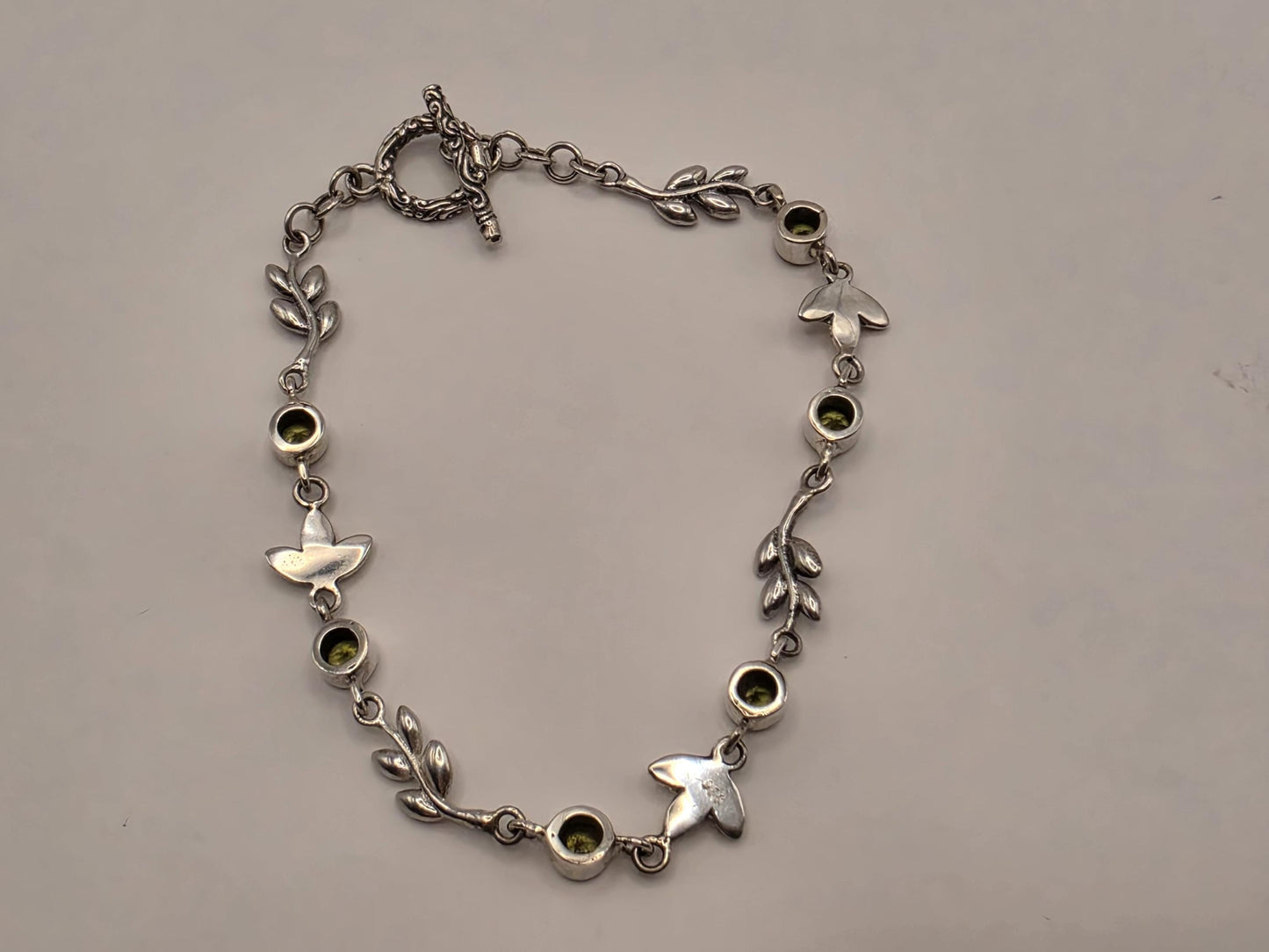 Genuine Peridot Leaf Bracelet Solid 925 Sterling Silver 7 Inch Botanical Vine August Birthstone Jewelry Gift for Her