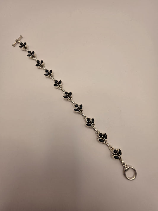 Genuine Black Onyx Leaf Bracelet Solid 925 Sterling Silver 8 Inch Botanical Vine Statement Jewelry Gift for Her