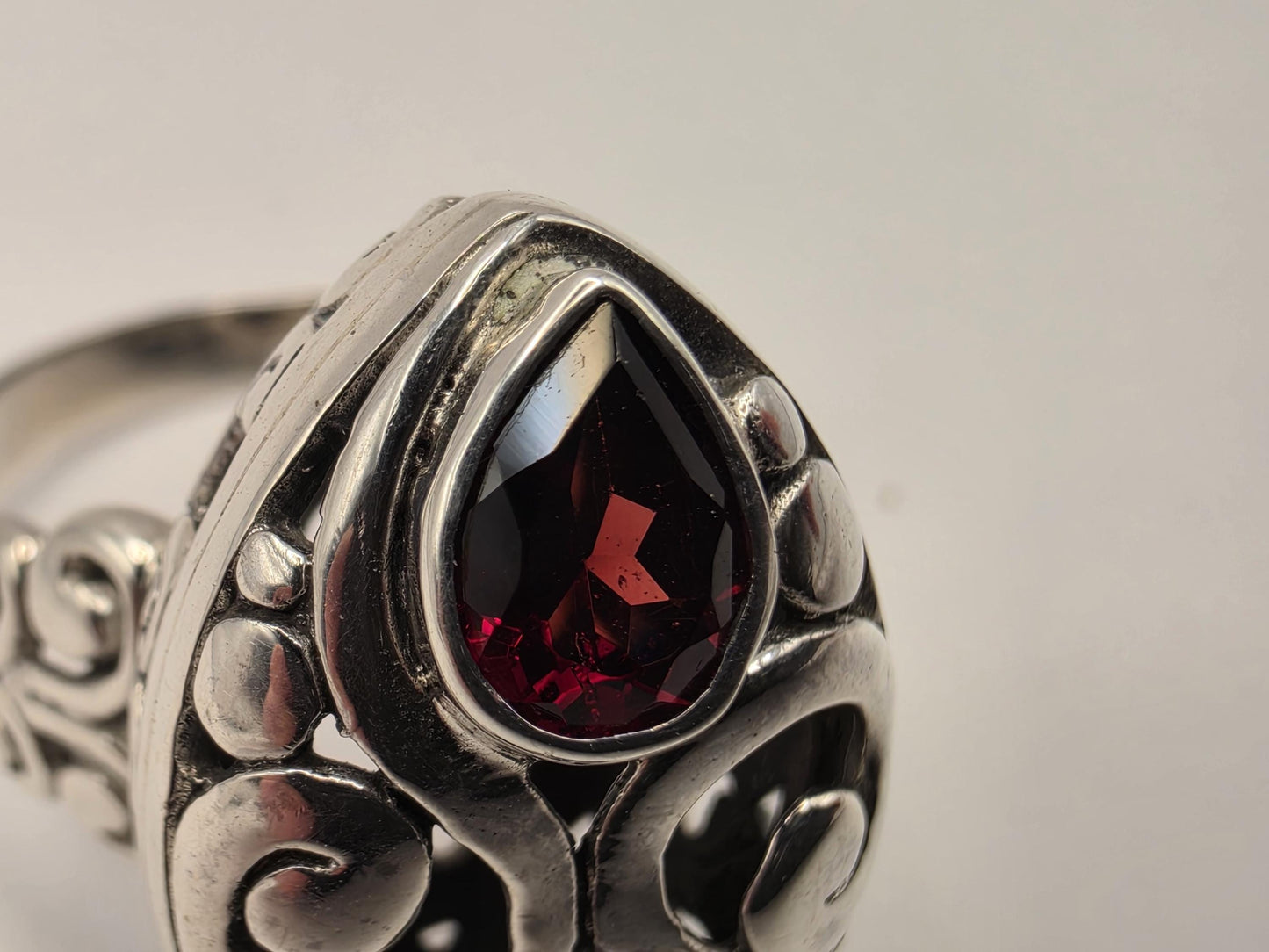 Genuine Garnet Statement Ring Solid 925 Sterling Silver Size 9 Pear and Round Two Stone Bali Scroll January Birthstone Gift