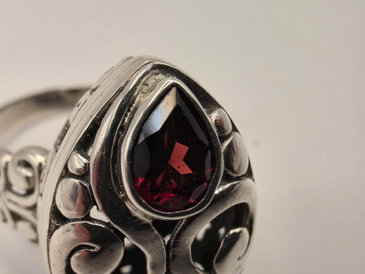 Genuine Garnet Statement Ring Solid 925 Sterling Silver Size 9 Pear and Round Two Stone Bali Scroll January Birthstone Gift