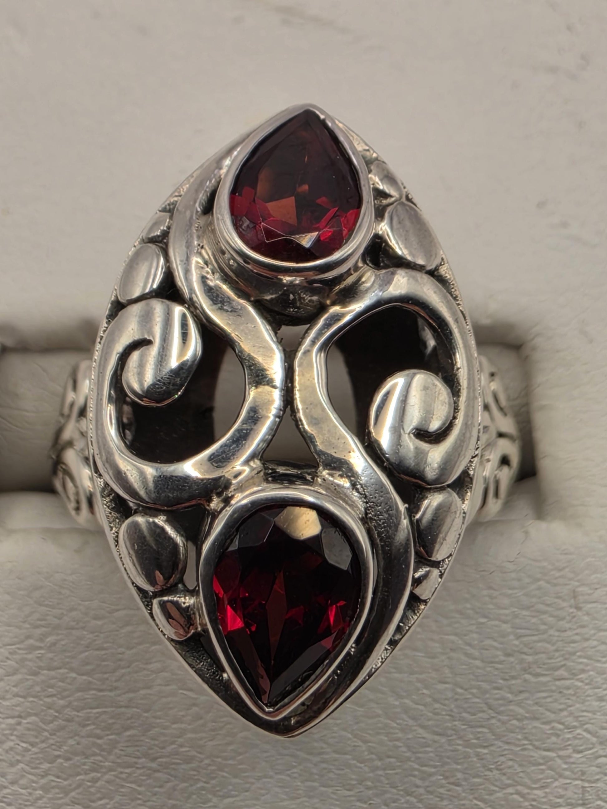 Genuine Garnet Statement Ring Solid 925 Sterling Silver Size 9 Pear and Round Two Stone Bali Scroll January Birthstone Gift