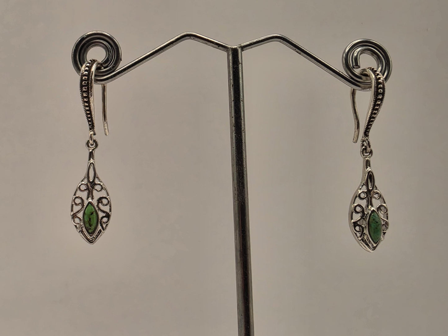 Genuine Green Turquoise Leaf Earrings Solid 925 Sterling Silver 1.5 Inch Filigree Dangle Botanical Southwest Gift for Her
