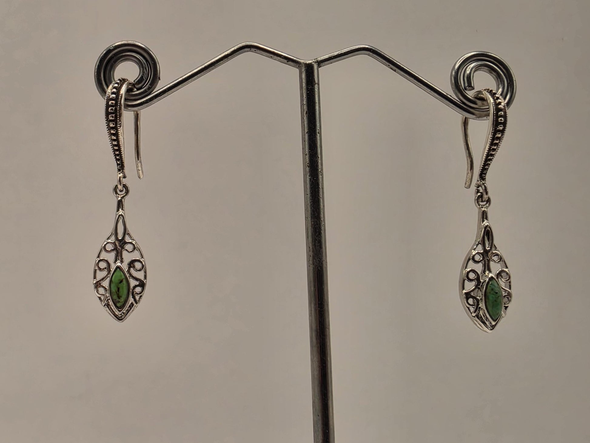 Genuine Green Turquoise Leaf Earrings Solid 925 Sterling Silver 1.5 Inch Filigree Dangle Botanical Southwest Gift for Her