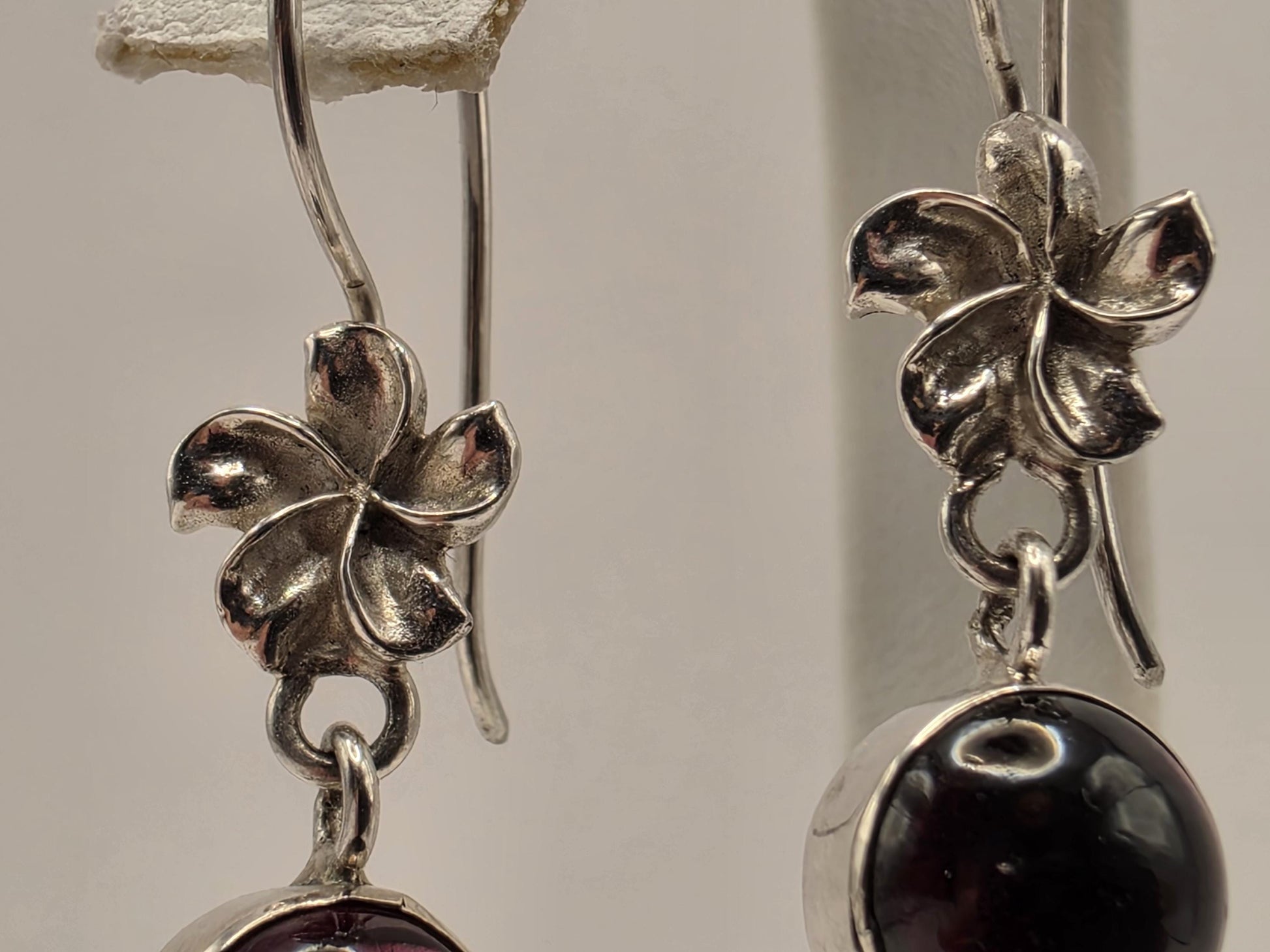 Genuine Rhodolite Garnet Drop Earrings Solid 925 Sterling Silver 1.75 Inch Double Cabochon Floral Dangle January Gift
