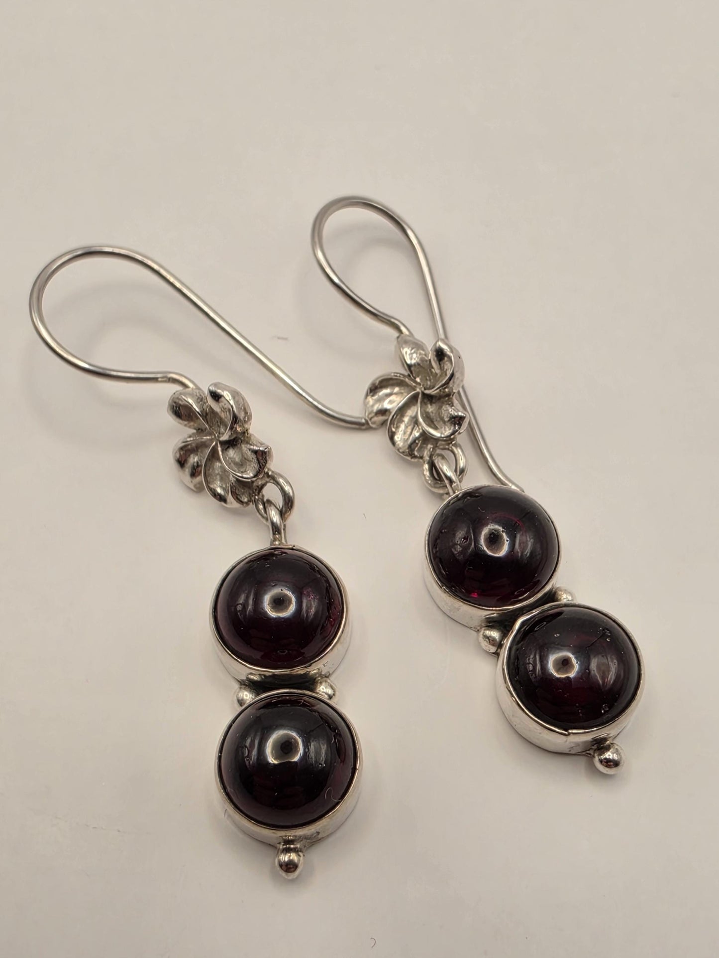 Genuine Rhodolite Garnet Drop Earrings Solid 925 Sterling Silver 1.75 Inch Double Cabochon Floral Dangle January Gift