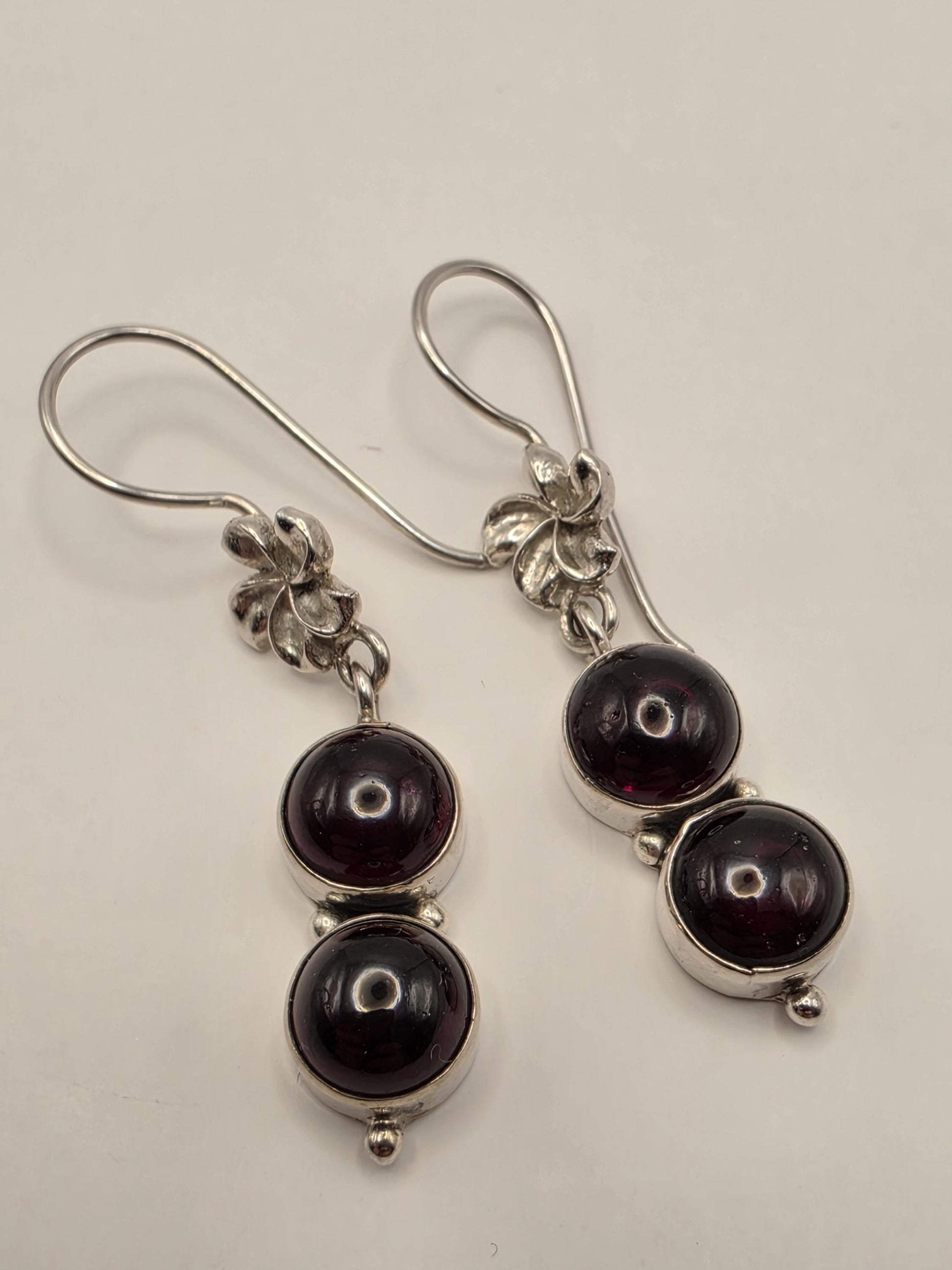 Genuine Rhodolite Garnet Drop Earrings Solid 925 Sterling Silver 1.75 Inch Double Cabochon Floral Dangle January Gift