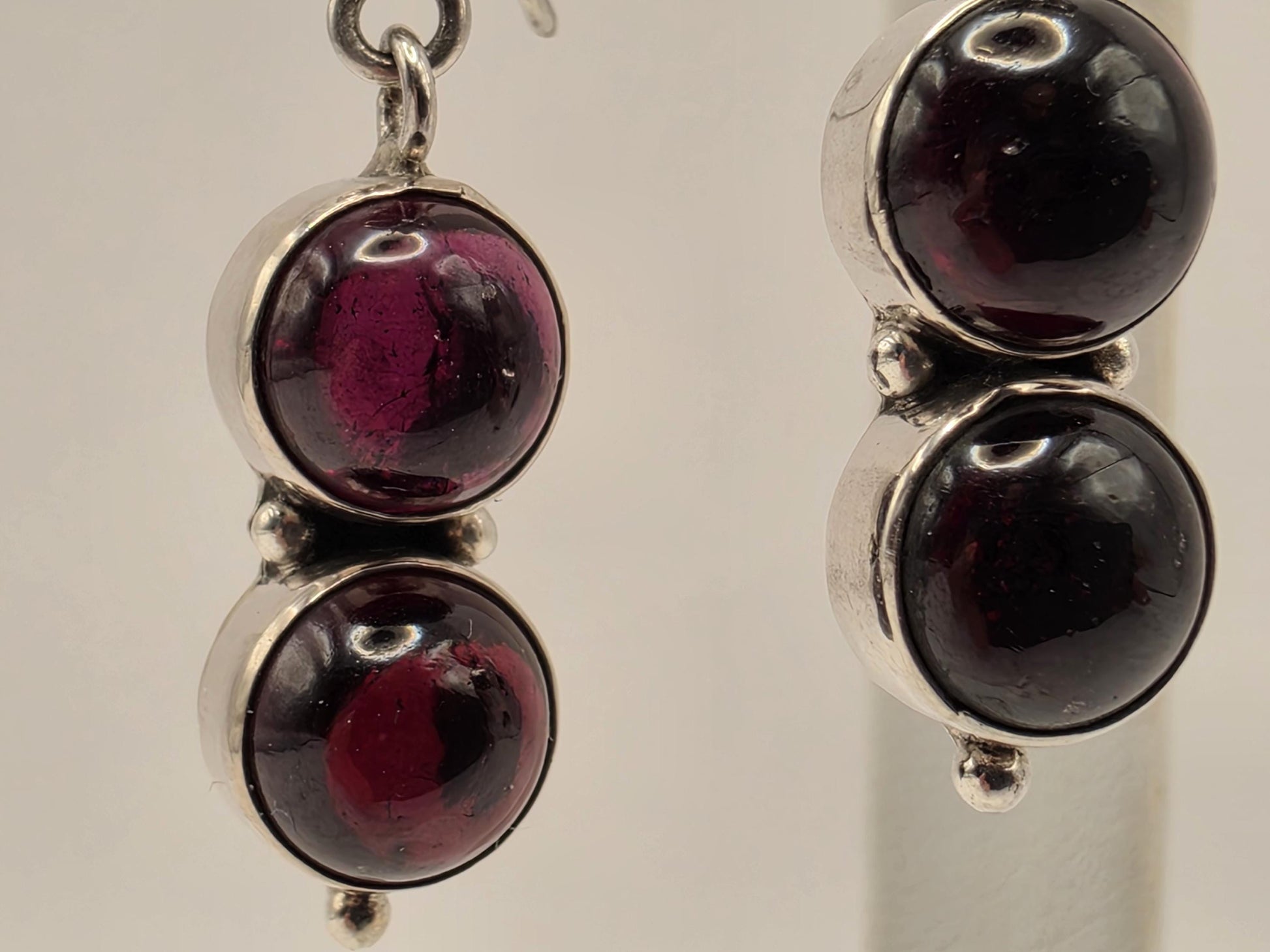 Genuine Rhodolite Garnet Drop Earrings Solid 925 Sterling Silver 1.75 Inch Double Cabochon Floral Dangle January Gift
