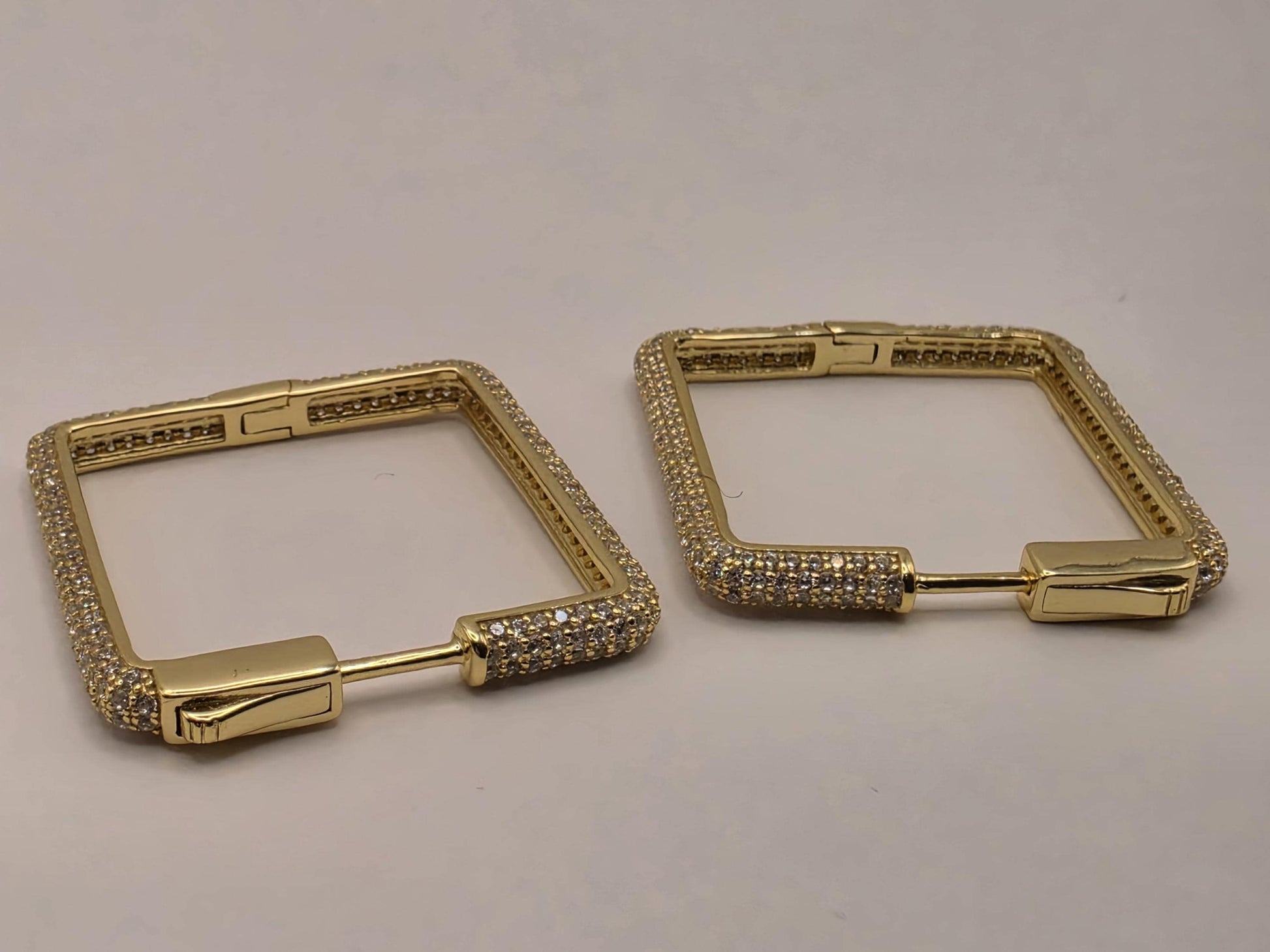 Cubic Zirconia Square Hoop Earrings Gold Plated Sterling Silver 1.125 Inch Pave Geometric Statement Gift for Her