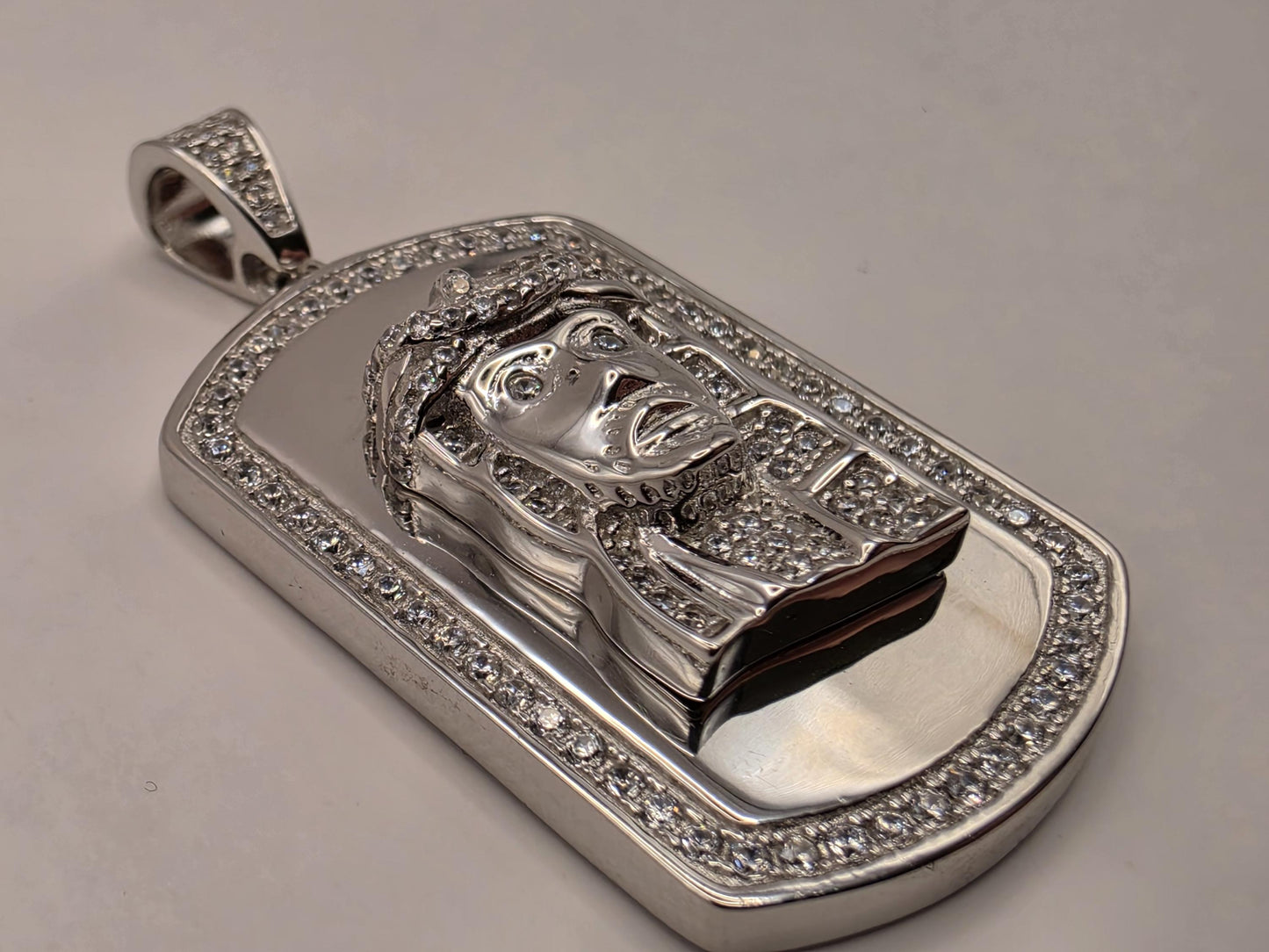 Cubic Zirconia Jesus Dog Tag Pendant Solid 925 Sterling Silver 1.375 x .875 Inch Iced Hip Hop Christian Gift