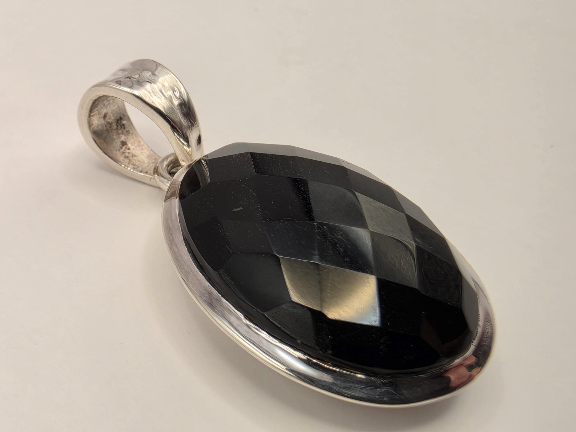 Genuine Black Onyx Pendant Solid 925 Sterling Silver 1.25 x .75 Inch Faceted Oval Cabochon Minimal Statement Gift
