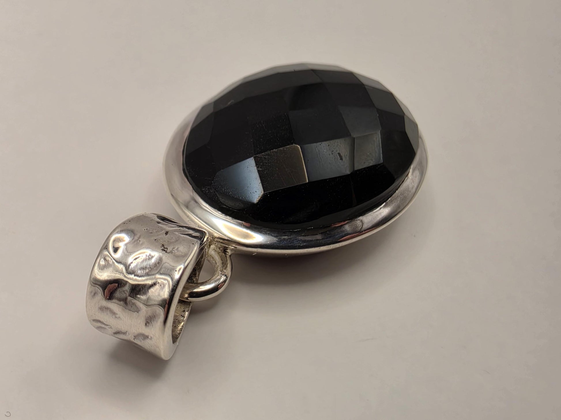 Genuine Black Onyx Pendant Solid 925 Sterling Silver 1.25 x .75 Inch Faceted Oval Cabochon Minimal Statement Gift