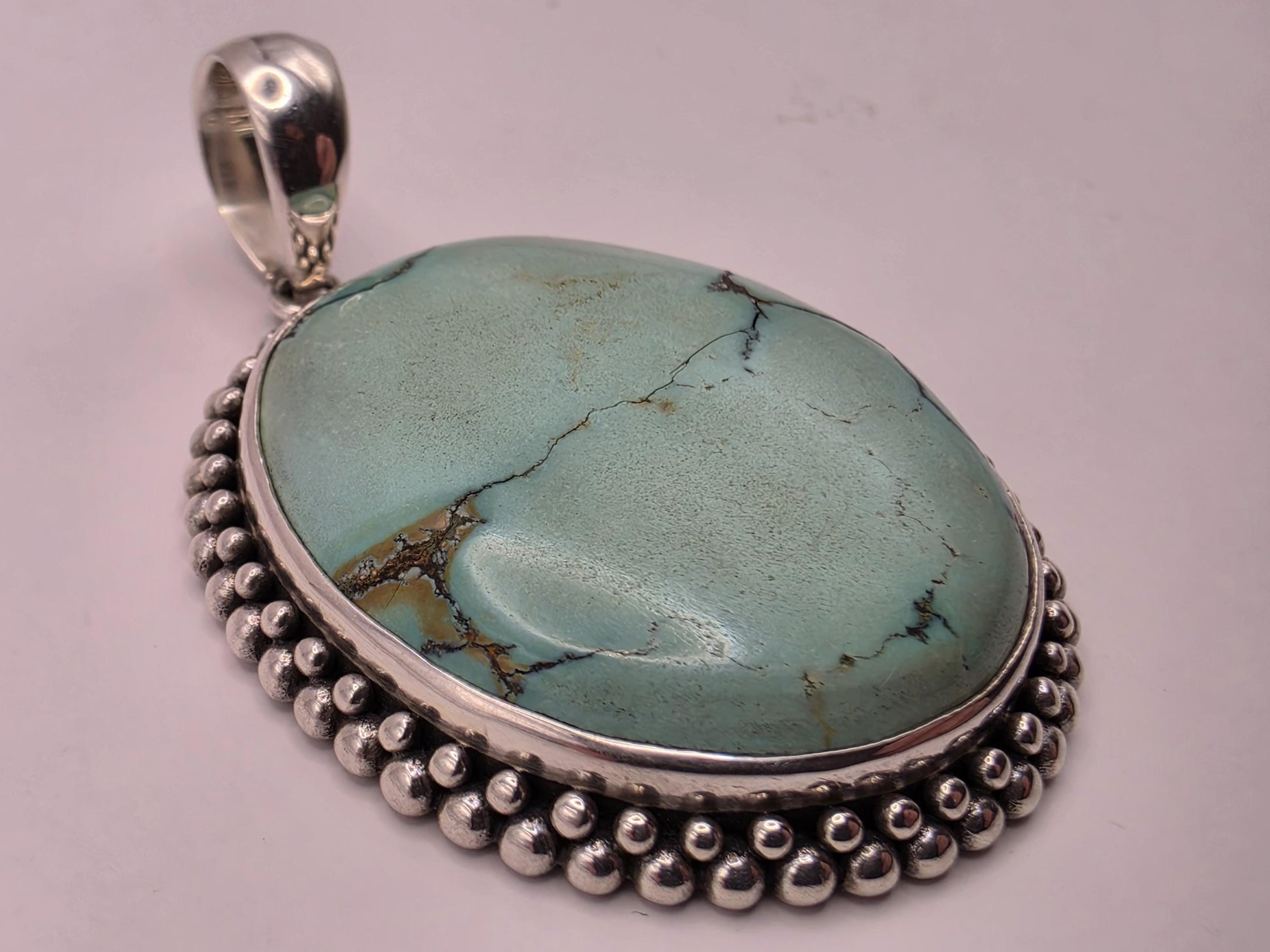 Genuine Turquoise Pendant Solid 925 Sterling Silver 1.5 x 1.375 Inch Large Oval Cabochon Bali Beaded Southwest Gift