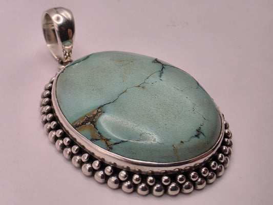 Genuine Turquoise Pendant Solid 925 Sterling Silver 1.5 x 1.375 Inch Large Oval Cabochon Bali Beaded Southwest Gift