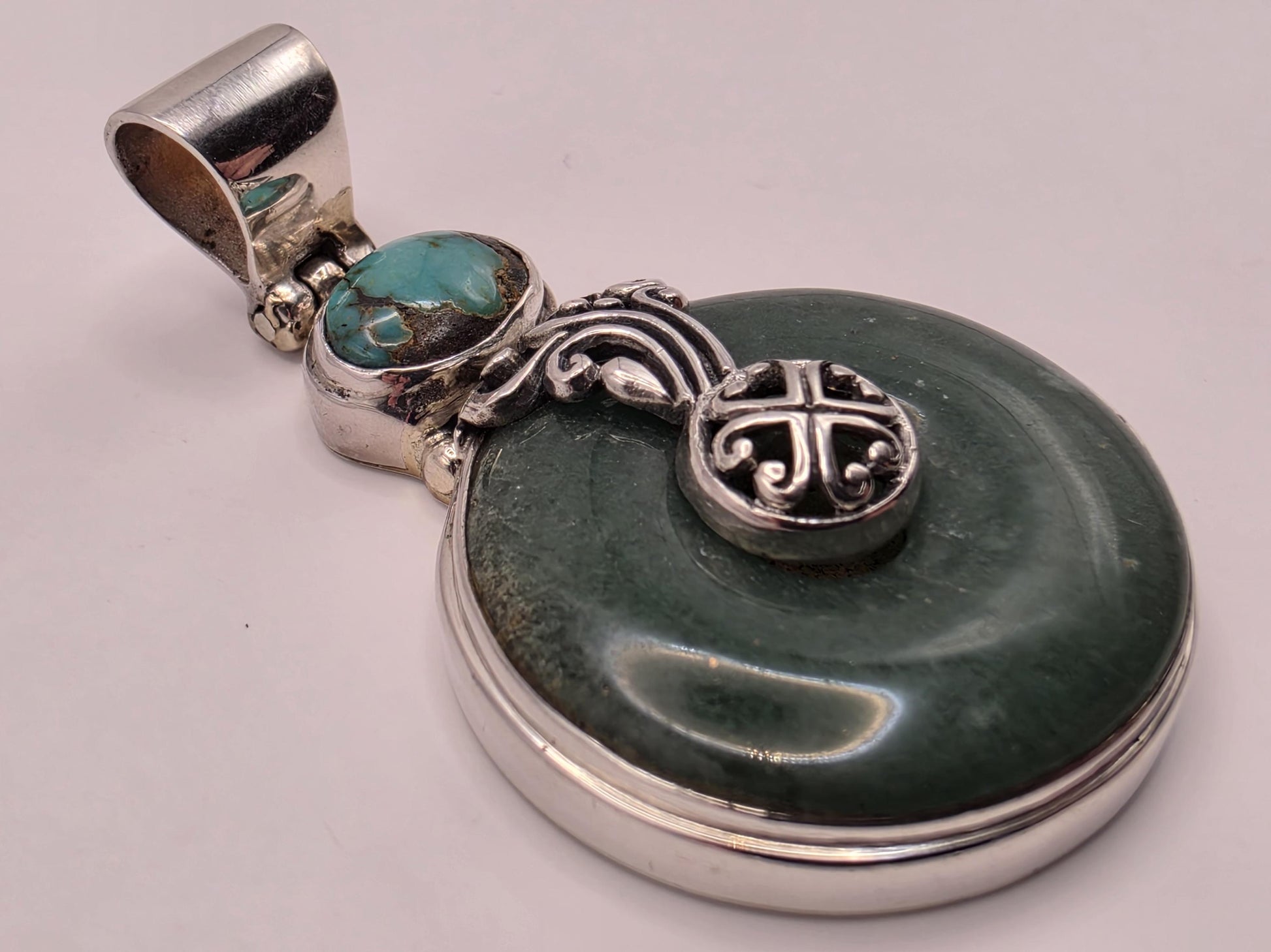 Genuine Green Turquoise Disc Pendant Solid 925 Sterling Silver 1.875 x 1 Inch Round Donut Bali Tribal Statement Gift