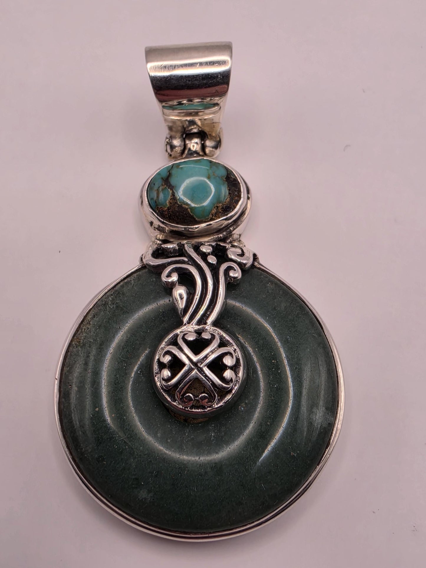 Genuine Green Turquoise Disc Pendant Solid 925 Sterling Silver 1.875 x 1 Inch Round Donut Bali Tribal Statement Gift