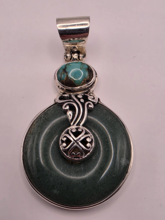 Genuine Green Turquoise Disc Pendant Solid 925 Sterling Silver 1.875 x 1 Inch Round Donut Bali Tribal Statement Gift
