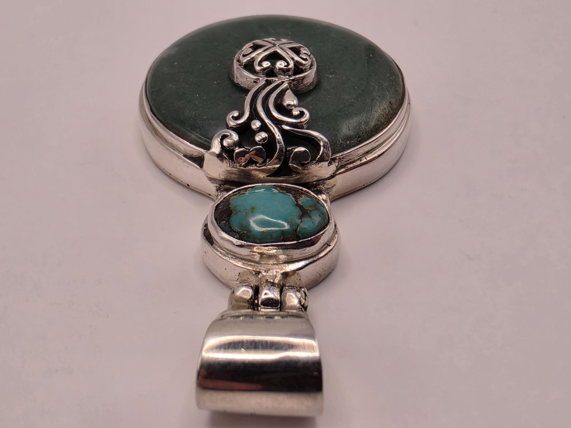 Genuine Green Turquoise Disc Pendant Solid 925 Sterling Silver 1.875 x 1 Inch Round Donut Bali Tribal Statement Gift