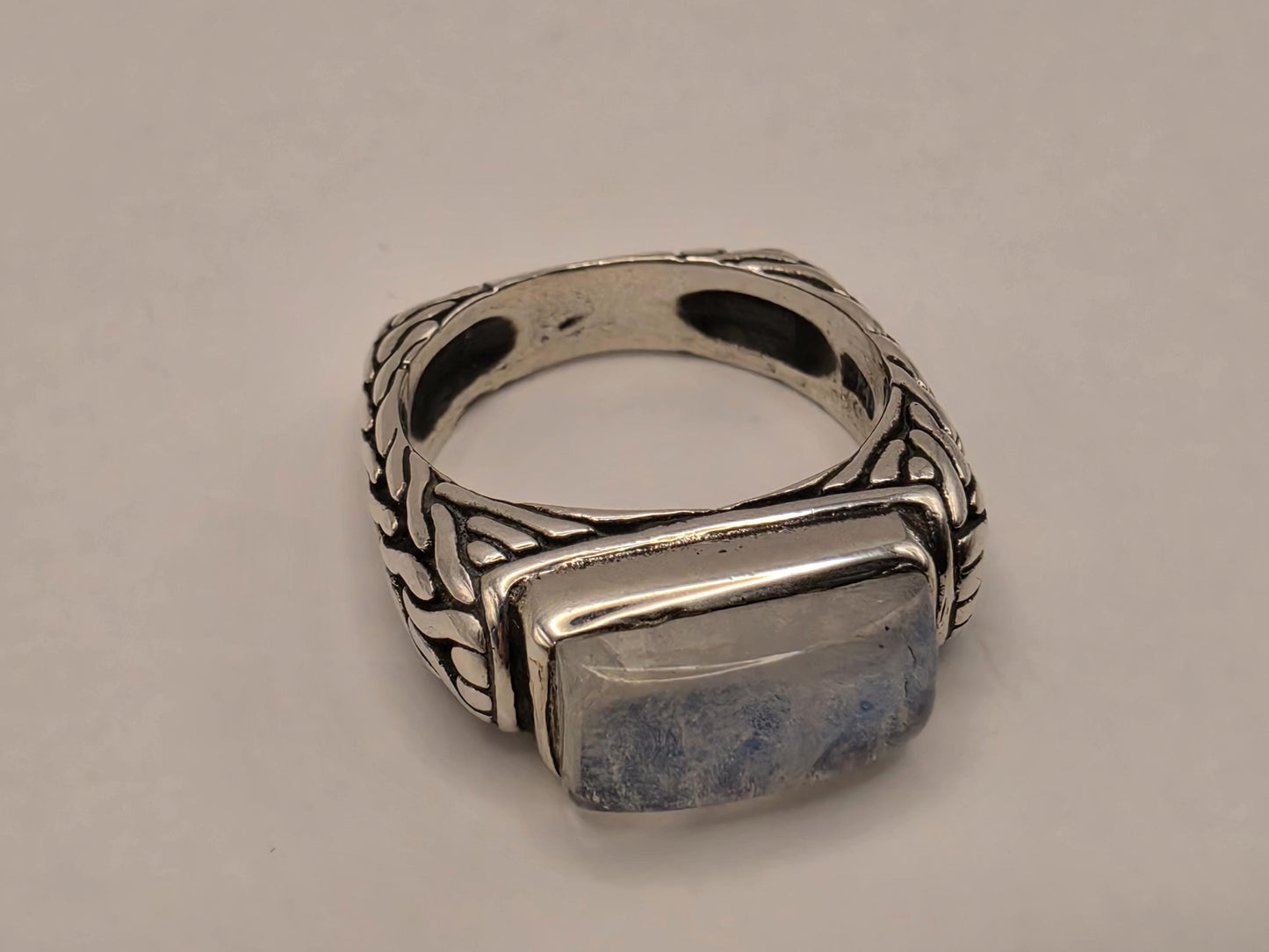 Genuine Rainbow Moonstone Ring Solid 925 Sterling Silver Size 7 Rectangular Cabochon Bali Scrollwork June Birthstone Gift