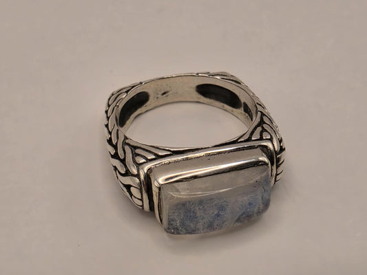 Genuine Rainbow Moonstone Ring Solid 925 Sterling Silver Size 7 Rectangular Cabochon Bali Scrollwork June Birthstone Gift