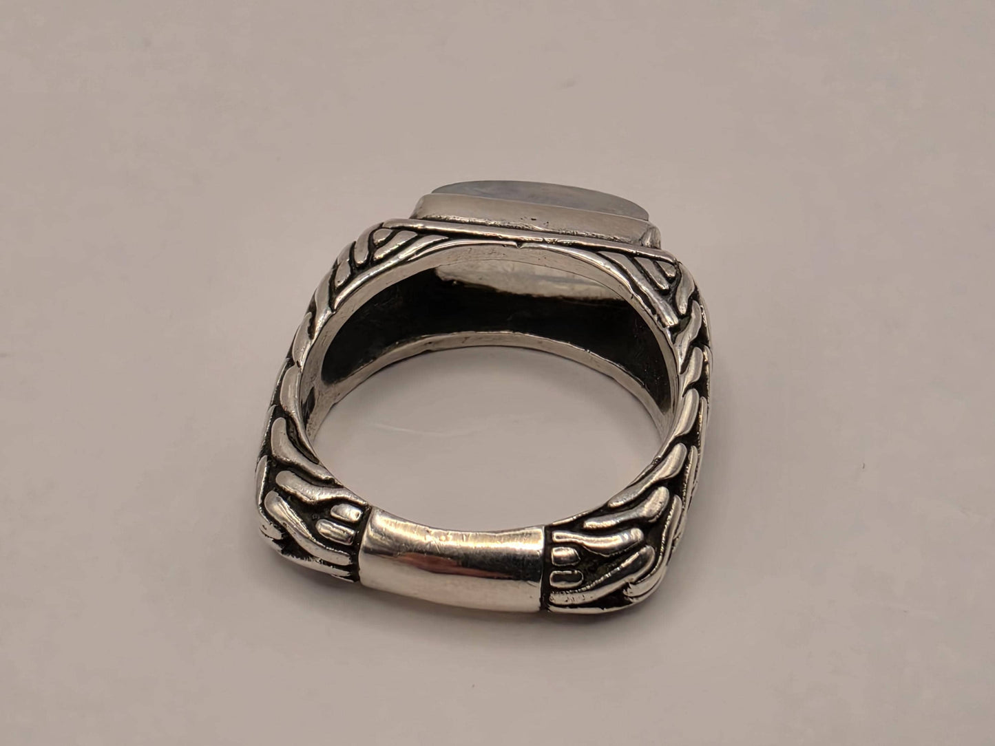 Genuine Rainbow Moonstone Ring Solid 925 Sterling Silver Size 7 Rectangular Cabochon Bali Scrollwork June Birthstone Gift