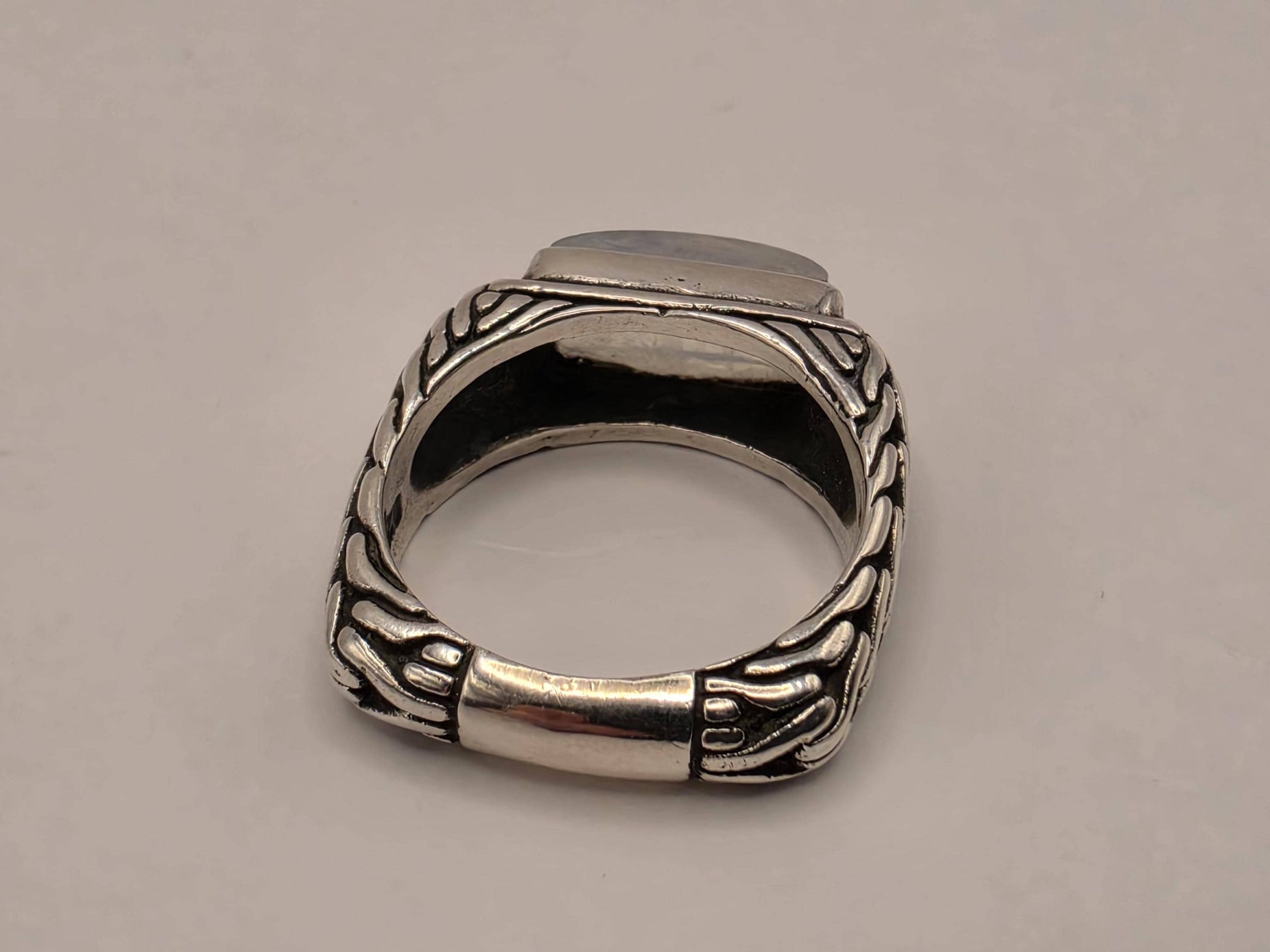 Genuine Rainbow Moonstone Ring Solid 925 Sterling Silver Size 7 Rectangular Cabochon Bali Scrollwork June Birthstone Gift