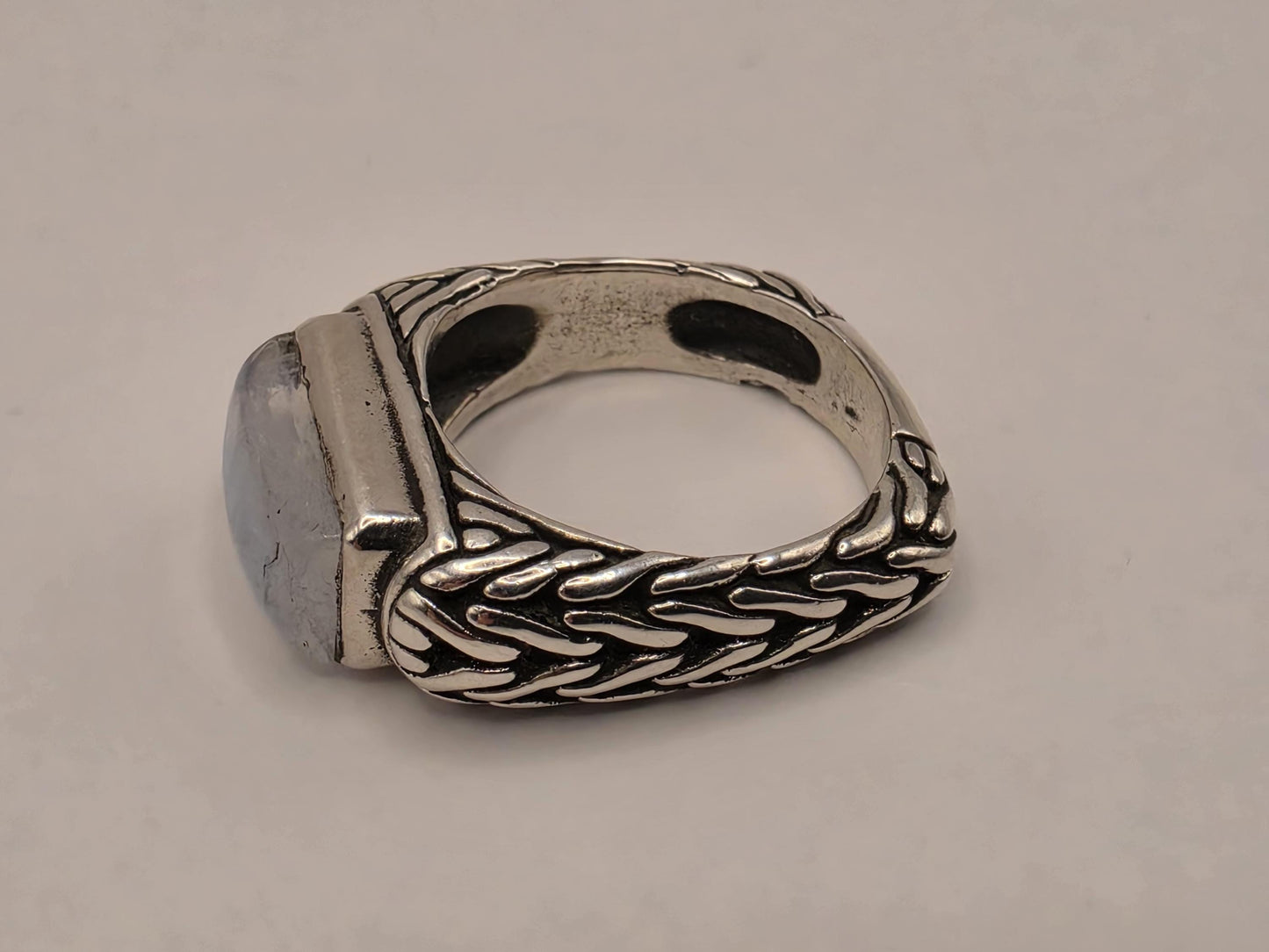 Genuine Rainbow Moonstone Ring Solid 925 Sterling Silver Size 7 Rectangular Cabochon Bali Scrollwork June Birthstone Gift