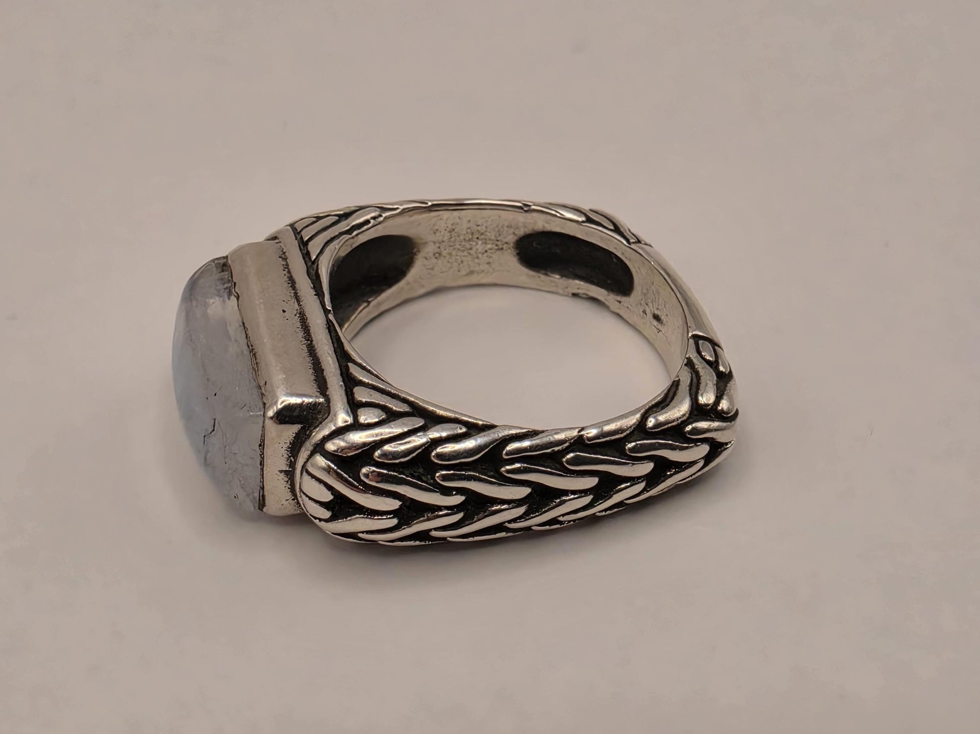Genuine Rainbow Moonstone Ring Solid 925 Sterling Silver Size 7 Rectangular Cabochon Bali Scrollwork June Birthstone Gift