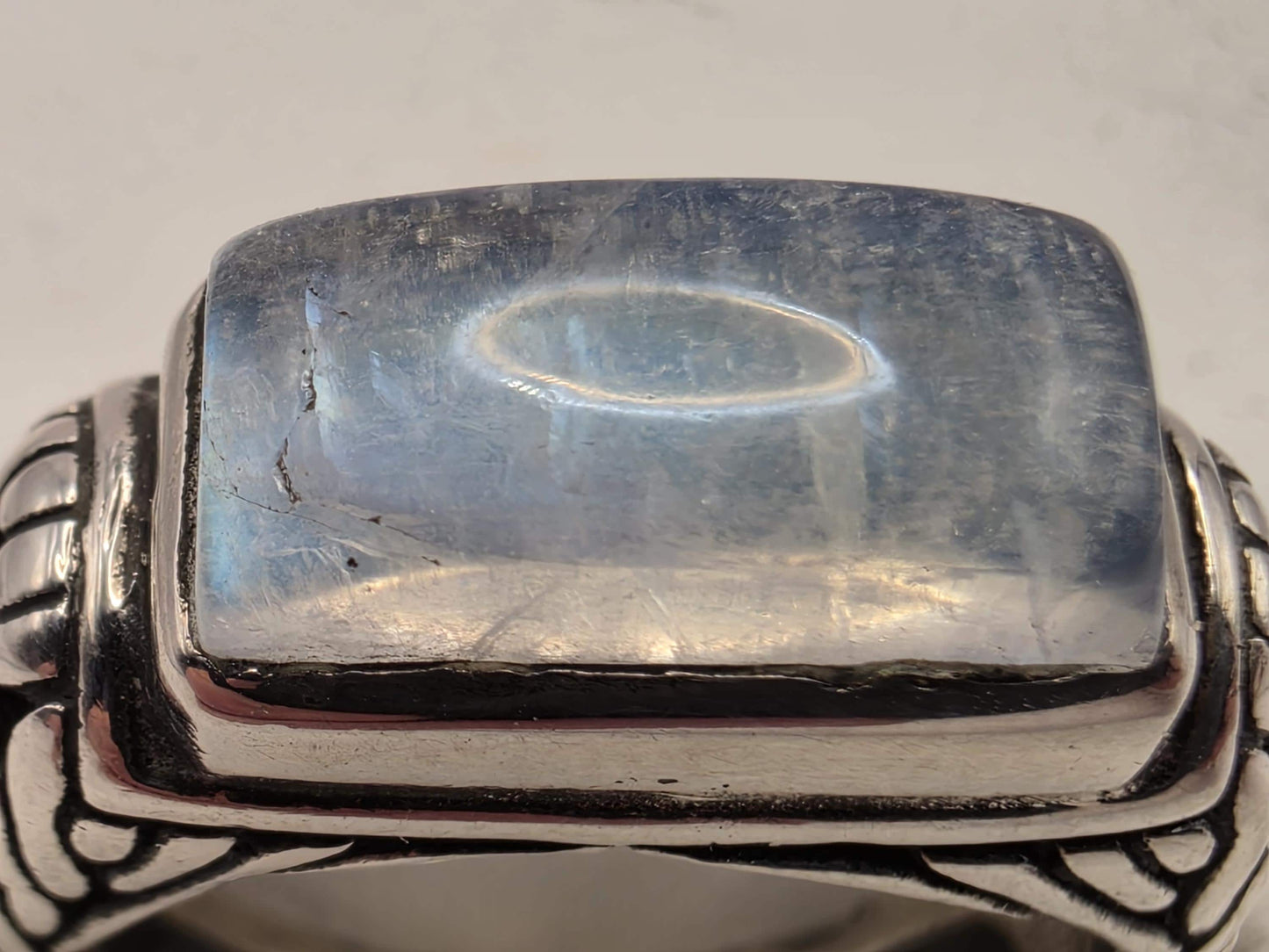 Genuine Rainbow Moonstone Ring Solid 925 Sterling Silver Size 7 Rectangular Cabochon Bali Scrollwork June Birthstone Gift