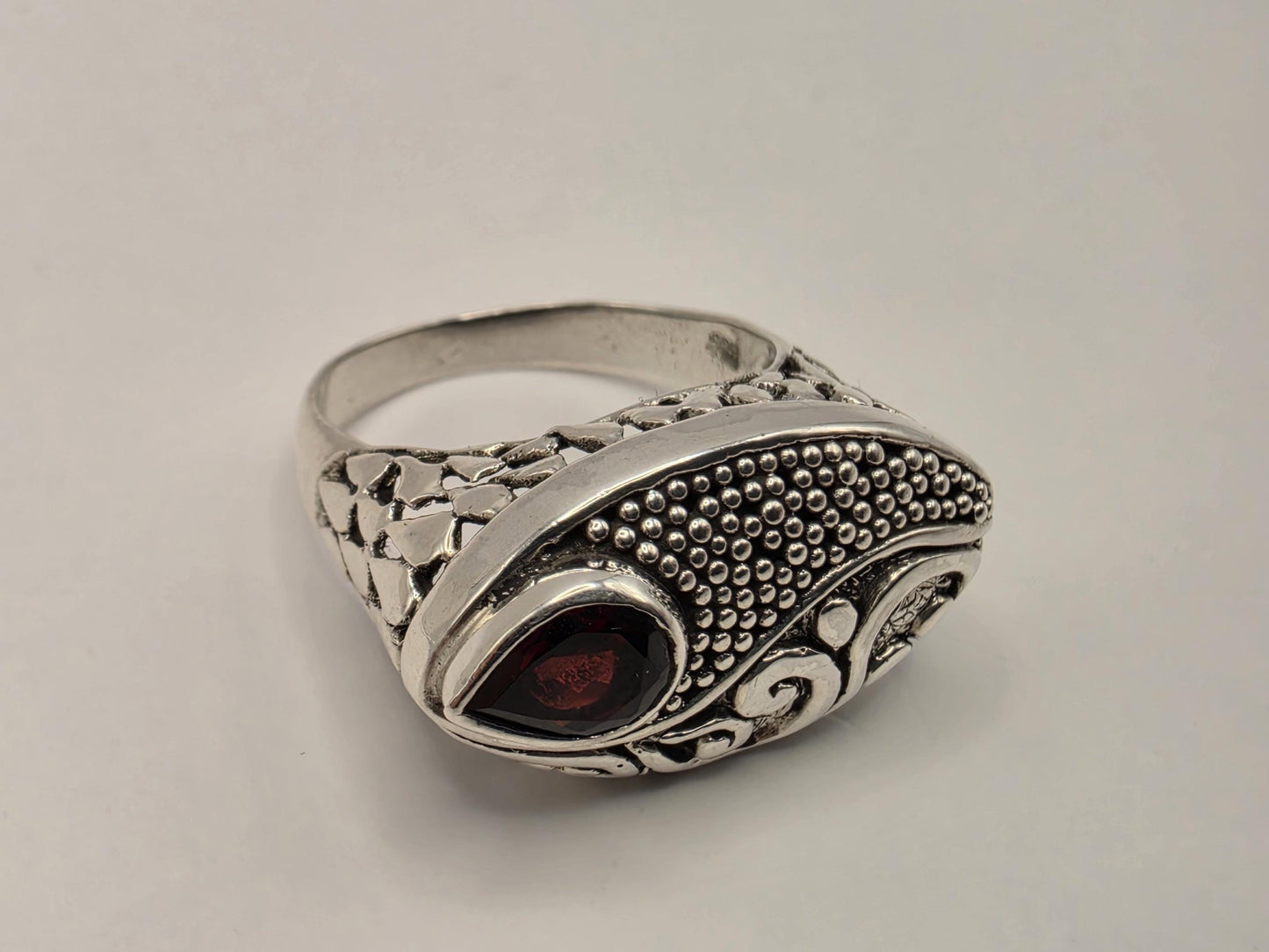 Genuine Garnet Ring Solid 925 Sterling Silver Size 8 Pear Cut Shield Bali Scrollwork January Birthstone Statement Gift