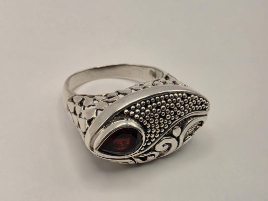 Genuine Garnet Ring Solid 925 Sterling Silver Size 8 Pear Cut Shield Bali Scrollwork January Birthstone Statement Gift