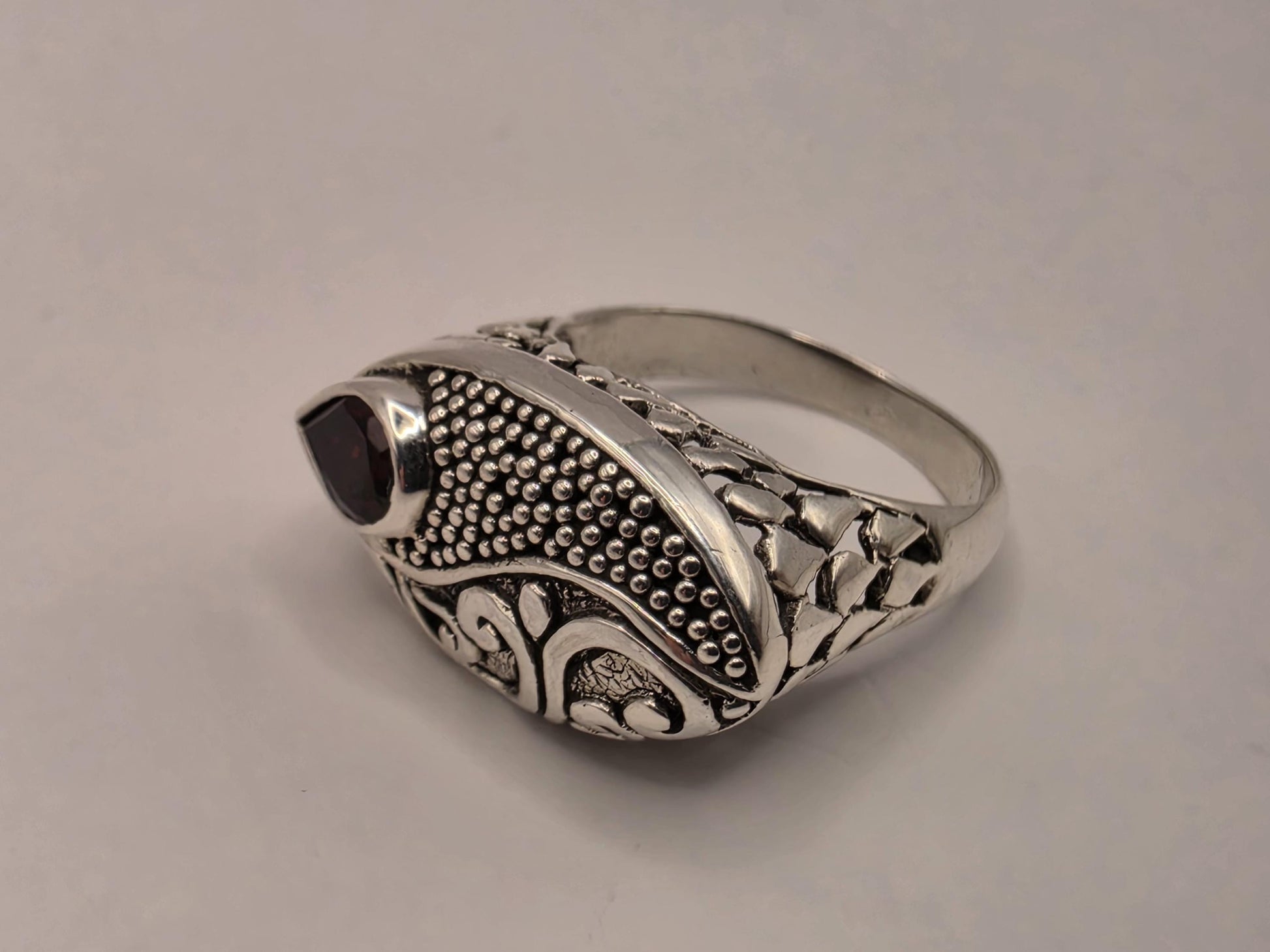 Genuine Garnet Ring Solid 925 Sterling Silver Size 8 Pear Cut Shield Bali Scrollwork January Birthstone Statement Gift