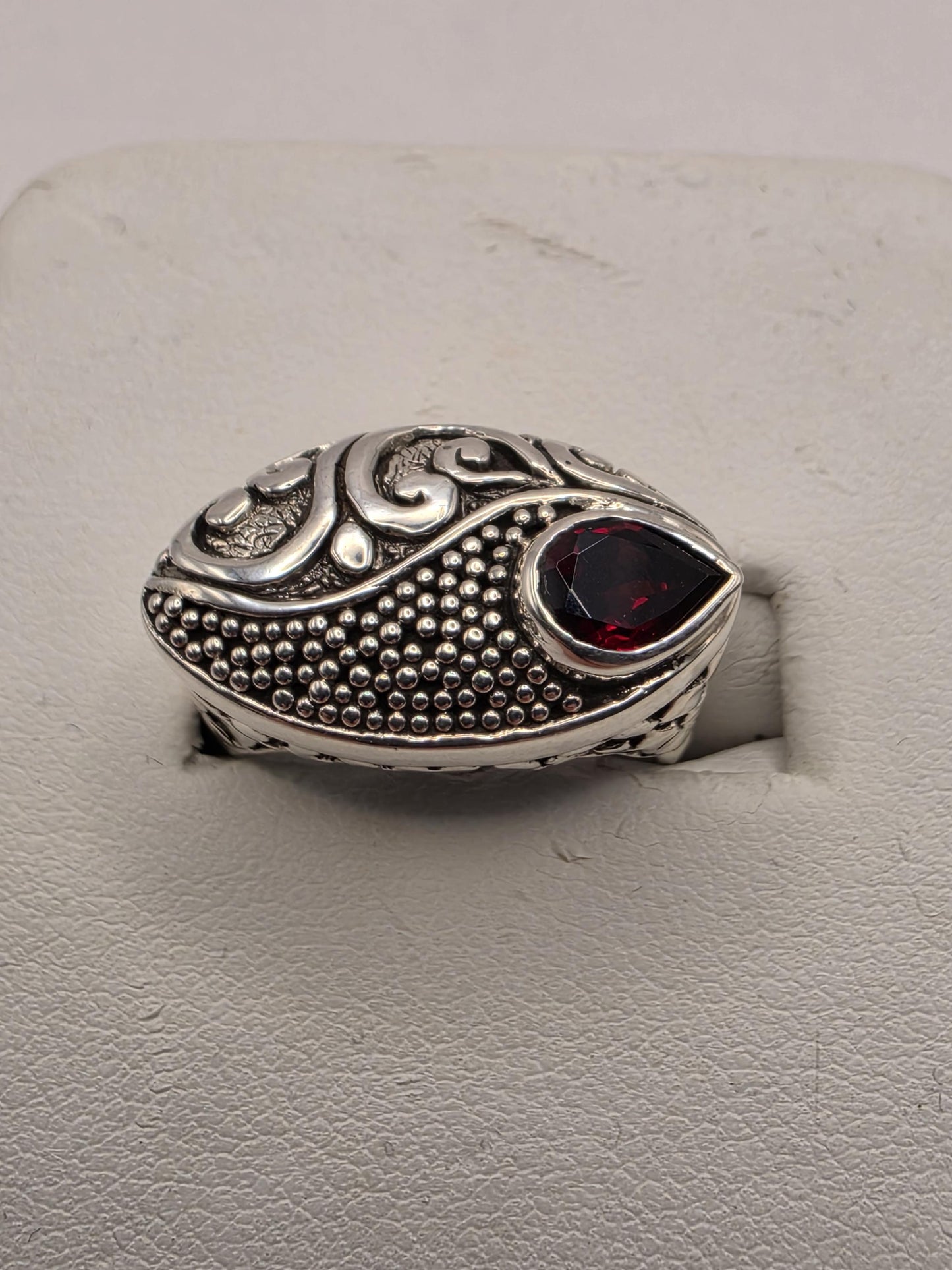 Genuine Garnet Ring Solid 925 Sterling Silver Size 8 Pear Cut Shield Bali Scrollwork January Birthstone Statement Gift