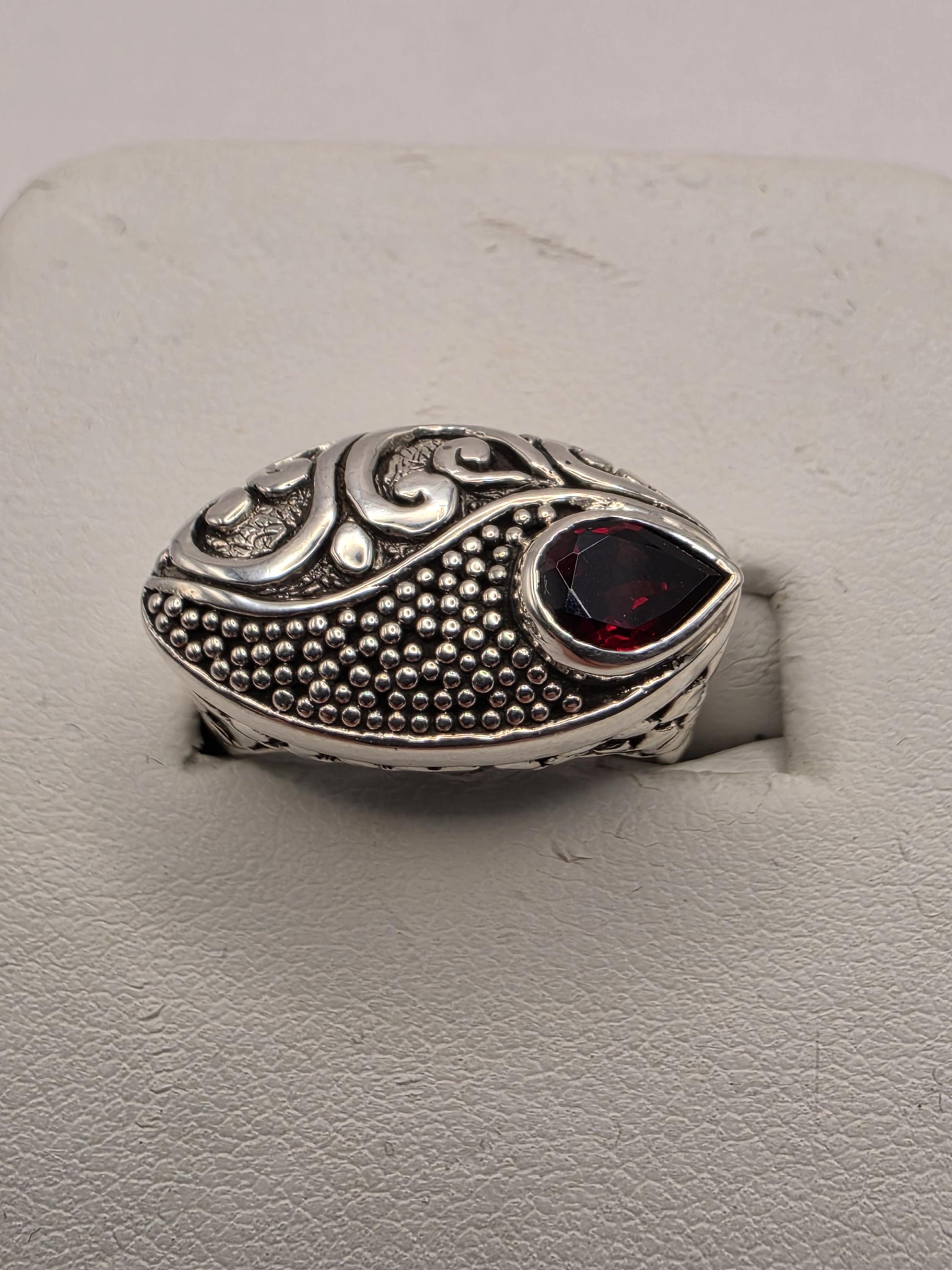 Genuine Garnet Ring Solid 925 Sterling Silver Size 8 Pear Cut Shield Bali Scrollwork January Birthstone Statement Gift
