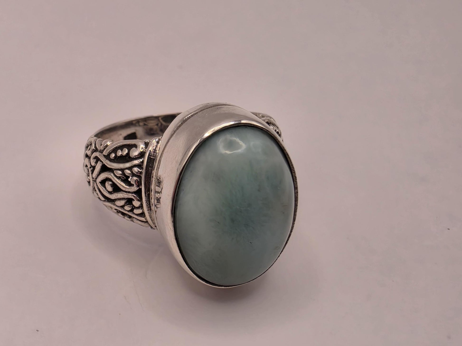 Genuine Turquoise Ring Solid 925 Sterling Silver Size 8 Large Oval Cabochon Bali Scrollwork Southwest Statement Gift