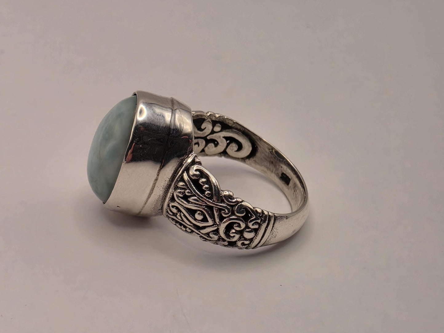 Genuine Turquoise Ring Solid 925 Sterling Silver Size 8 Large Oval Cabochon Bali Scrollwork Southwest Statement Gift