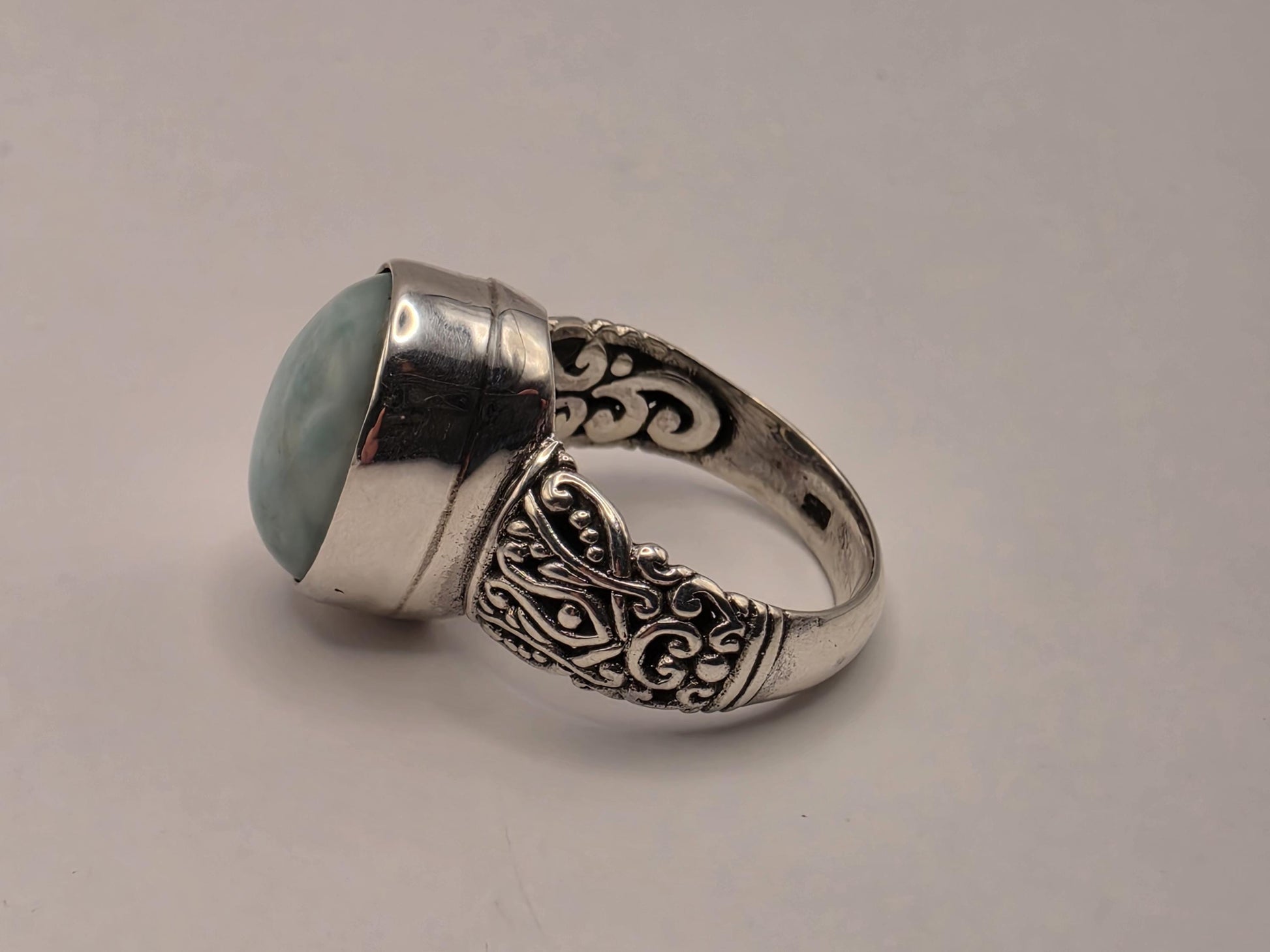 Genuine Turquoise Ring Solid 925 Sterling Silver Size 8 Large Oval Cabochon Bali Scrollwork Southwest Statement Gift