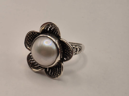 Genuine Freshwater Pearl Flower Ring Solid 925 Sterling Silver Size 8 Large Floral Cabochon Bali Statement Gift