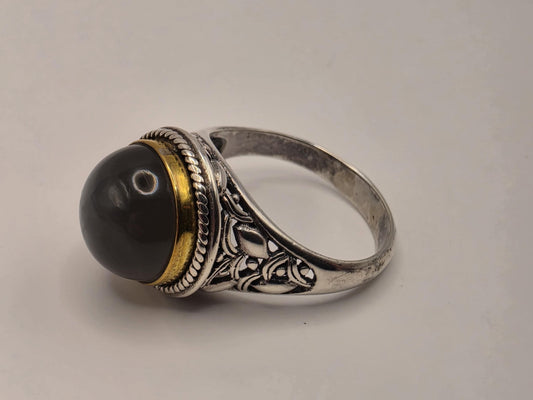 Genuine Smoky Quartz Ring Solid 925 Sterling Silver Size 9 Round Cabochon Gold Tone Bezel Bali Statement Gift