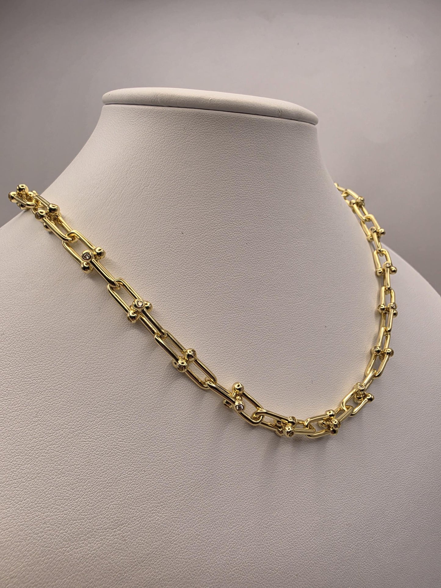 Gold Plated Sterling Silver Barbell Paperclip Necklace 18 Inch 6.5mm 43.1 Grams Cubic Zirconia Hardware Statement Gift