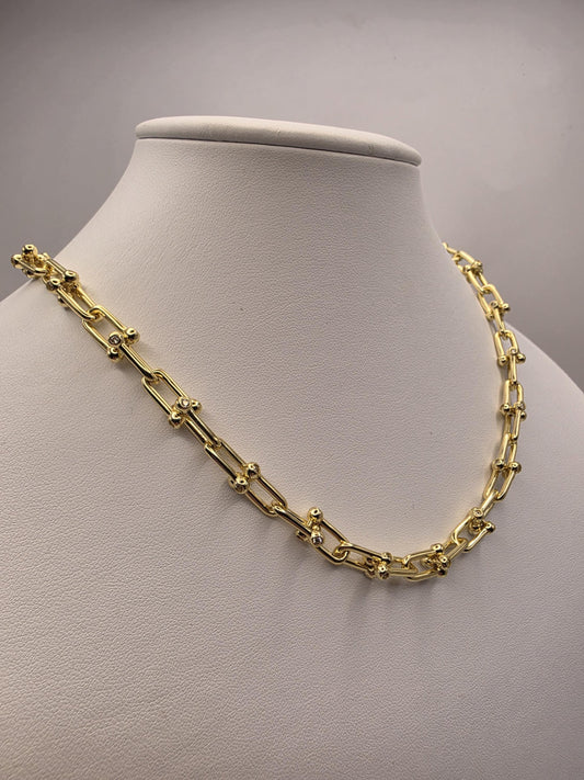Gold Plated Sterling Silver Barbell Paperclip Necklace 18 Inch 6.5mm 43.1 Grams Cubic Zirconia Hardware Statement Gift