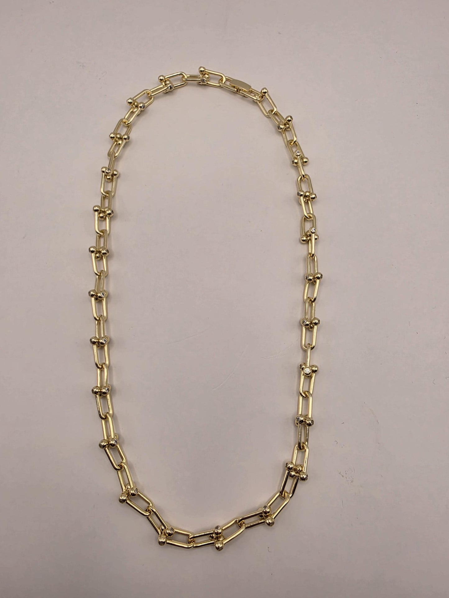 Gold Plated Sterling Silver Barbell Paperclip Necklace 19.75 Inch 6.5mm 44.2 Grams Cubic Zirconia Statement Chain