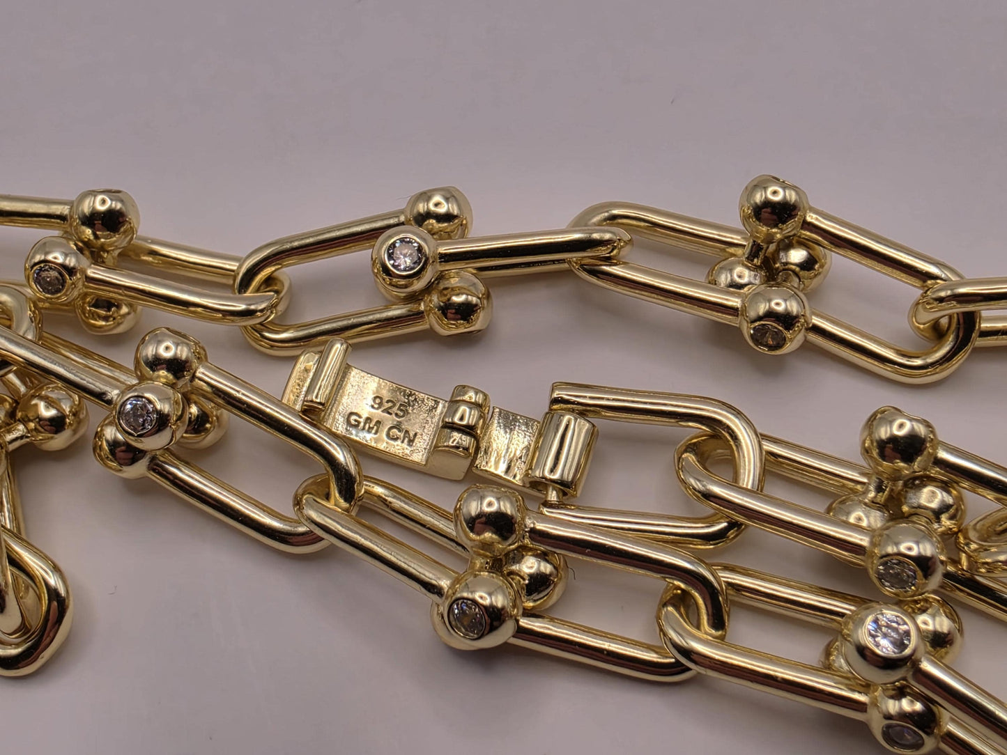 Gold Plated Sterling Silver Barbell Paperclip Necklace 19.75 Inch 6.5mm 44.2 Grams Cubic Zirconia Statement Chain