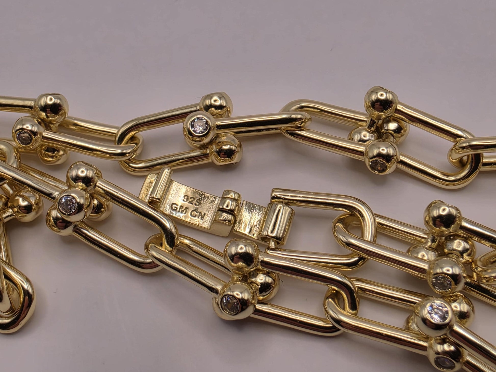 Gold Plated Sterling Silver Barbell Paperclip Necklace 19.75 Inch 6.5mm 44.2 Grams Cubic Zirconia Statement Chain