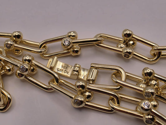 Gold Plated Sterling Silver Barbell Paperclip Necklace 19.75 Inch 6.5mm 44.2 Grams Cubic Zirconia Statement Chain