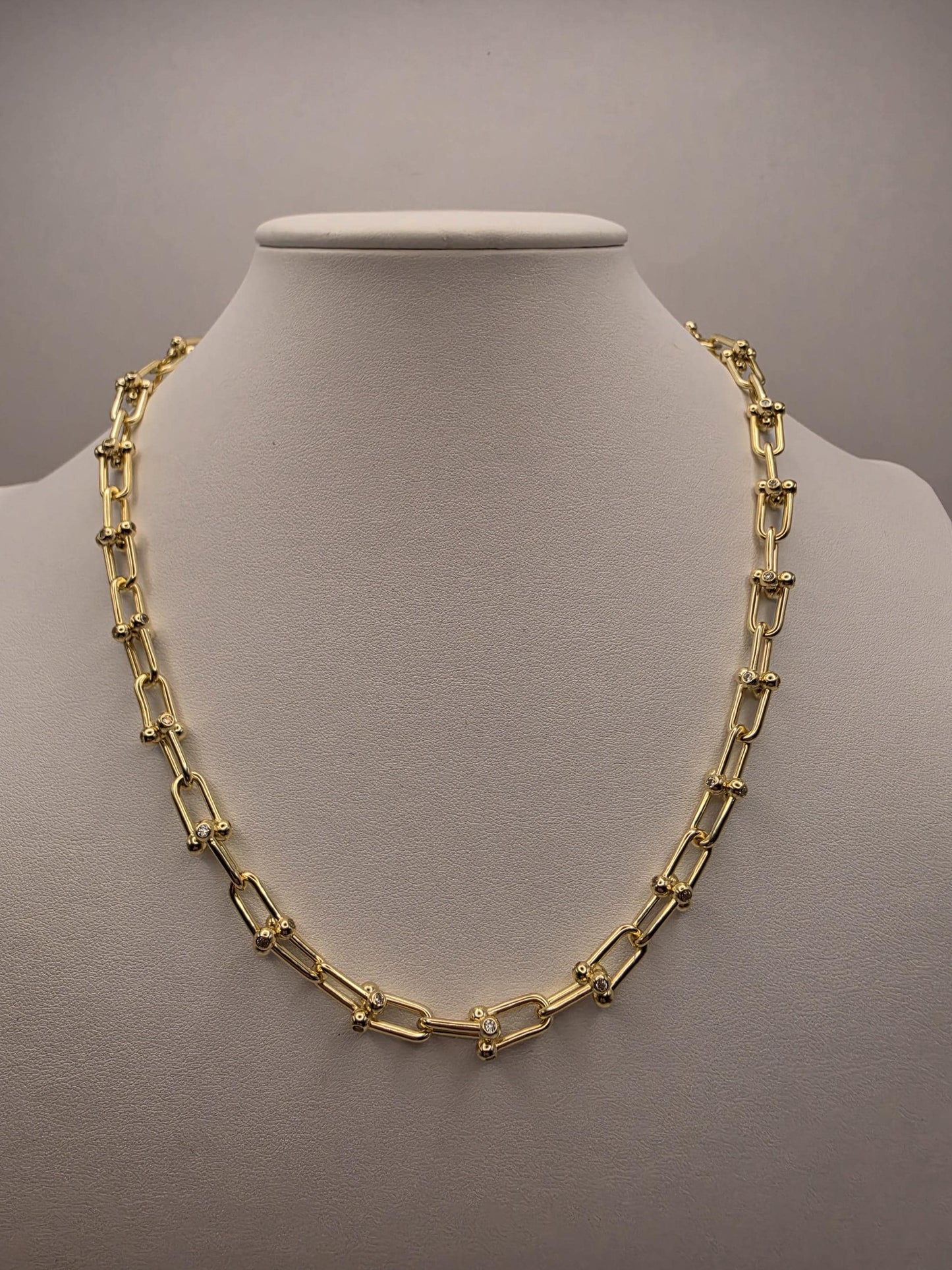 Gold Plated Sterling Silver Barbell Paperclip Necklace 19.75 Inch 6.5mm 44.2 Grams Cubic Zirconia Statement Chain