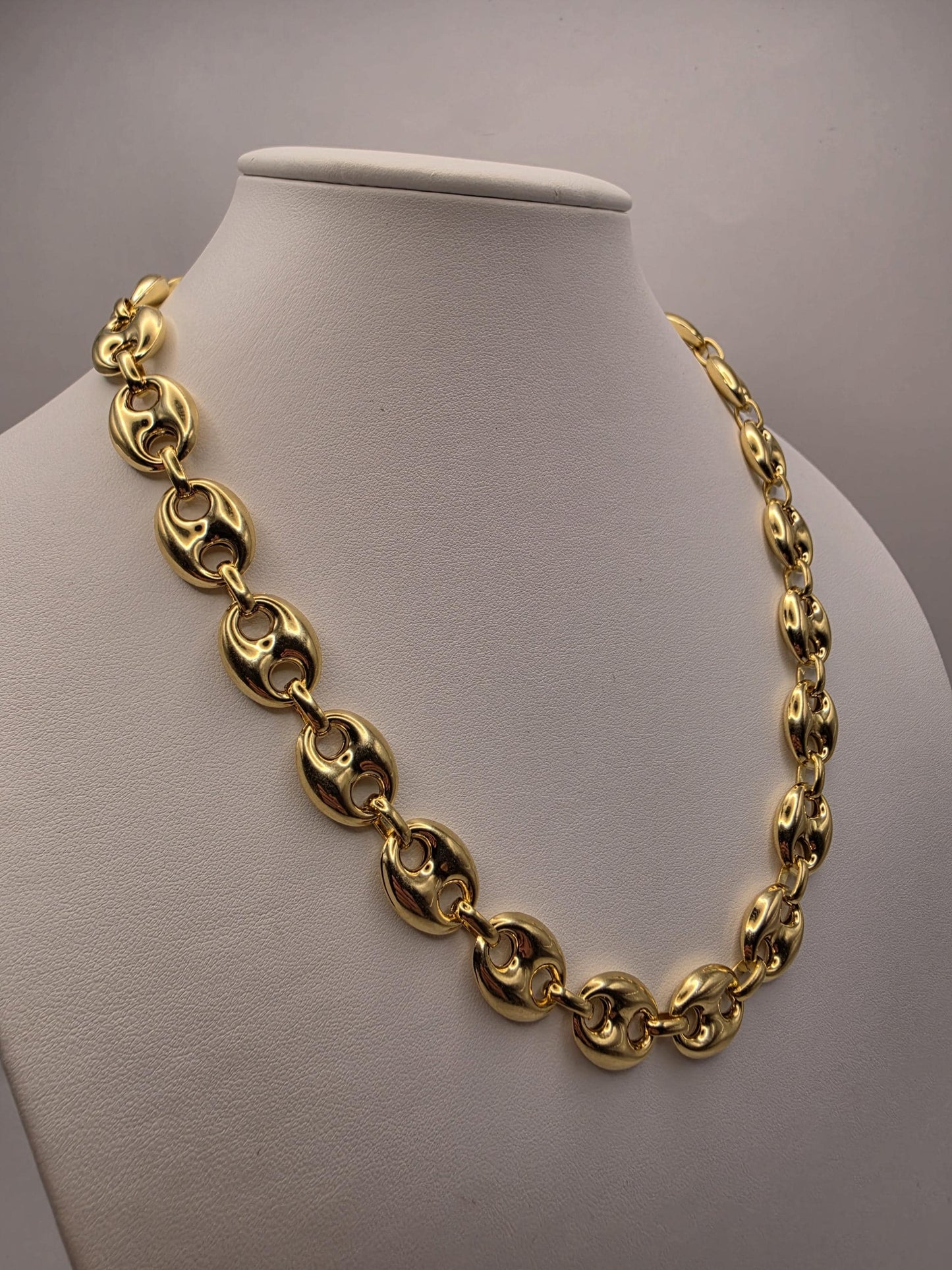 Gold Plated Sterling Silver Puffed Mariner Chain Necklace 20.5 Inch 14.2mm 53.8 Grams Heavy Anchor Link Statement Gift