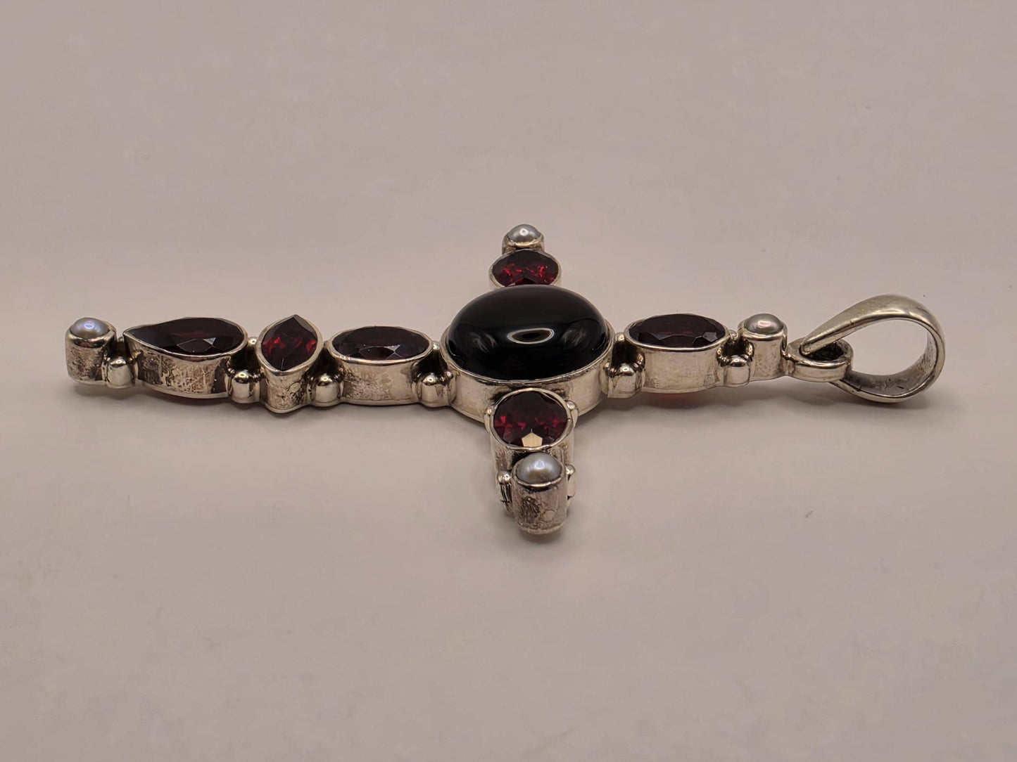 Genuine Carnelian Black Onyx Cross Pendant 925 Sterling Silver Mother of Pearl 2 Inch Bali Gemstone Religious Jewelry Gift