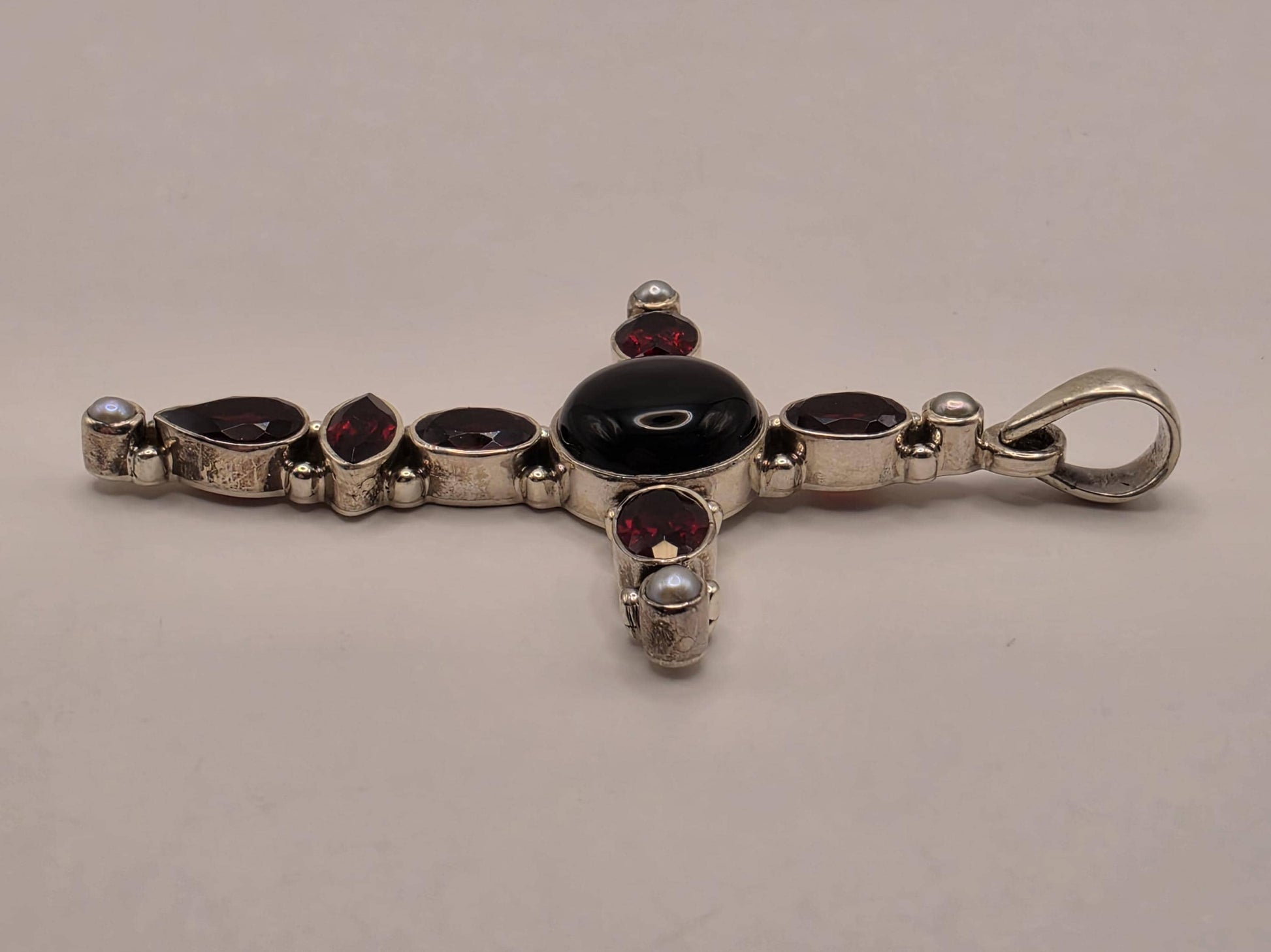 Genuine Carnelian Black Onyx Cross Pendant 925 Sterling Silver Mother of Pearl 2 Inch Bali Gemstone Religious Jewelry Gift