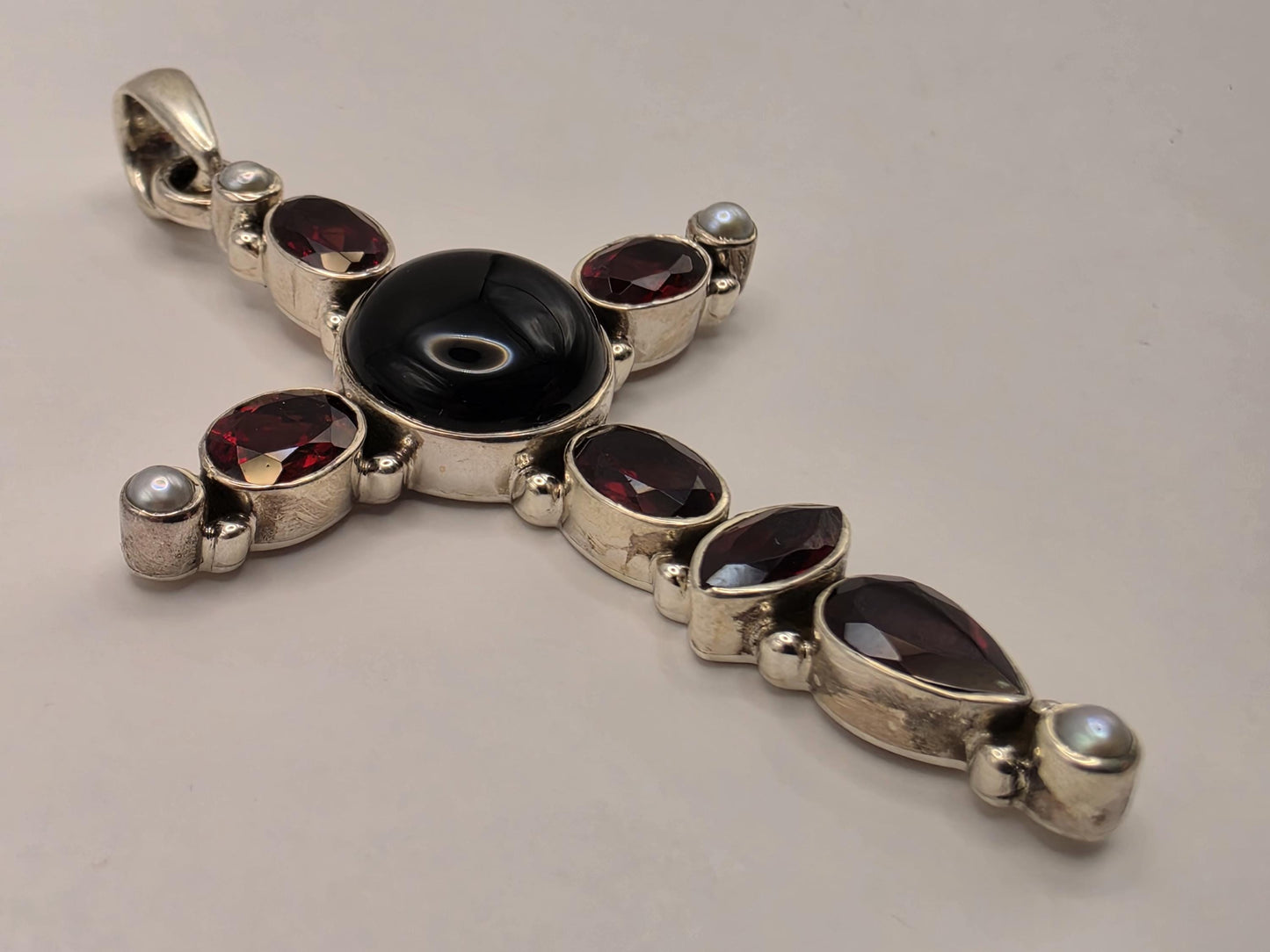 Genuine Carnelian Black Onyx Cross Pendant 925 Sterling Silver Mother of Pearl 2 Inch Bali Gemstone Religious Jewelry Gift